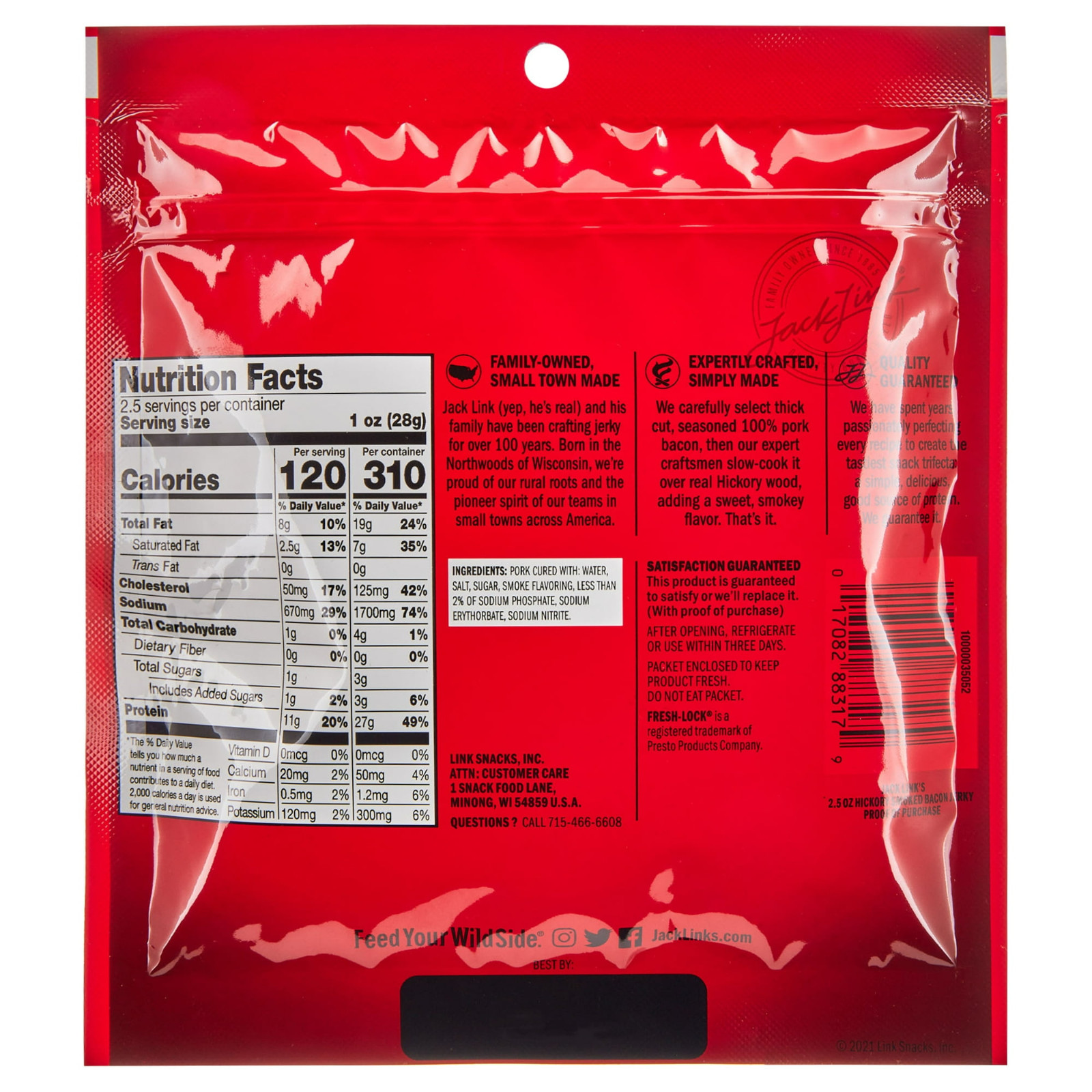 Jack Links Hickory Smoked Bacon Jerky 2.5 oz Meat Snack 2 Pack