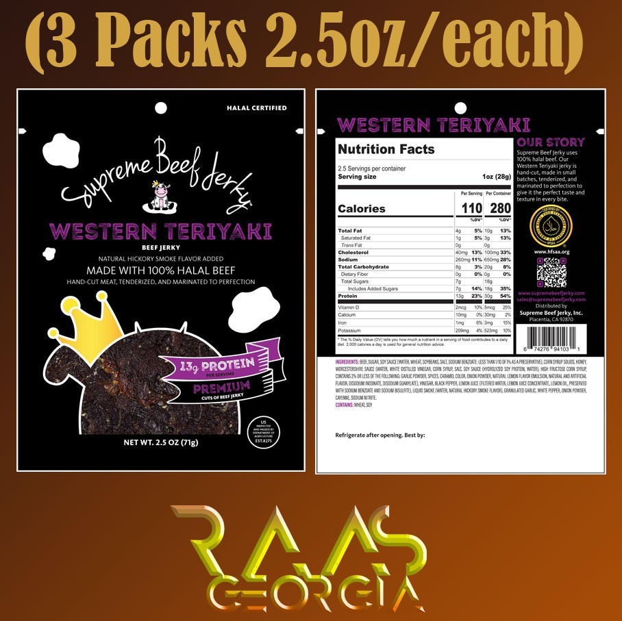 3-Pack Halal Supreme Beef Jerky- 2.5 oz/each- Select from 7 Flavors