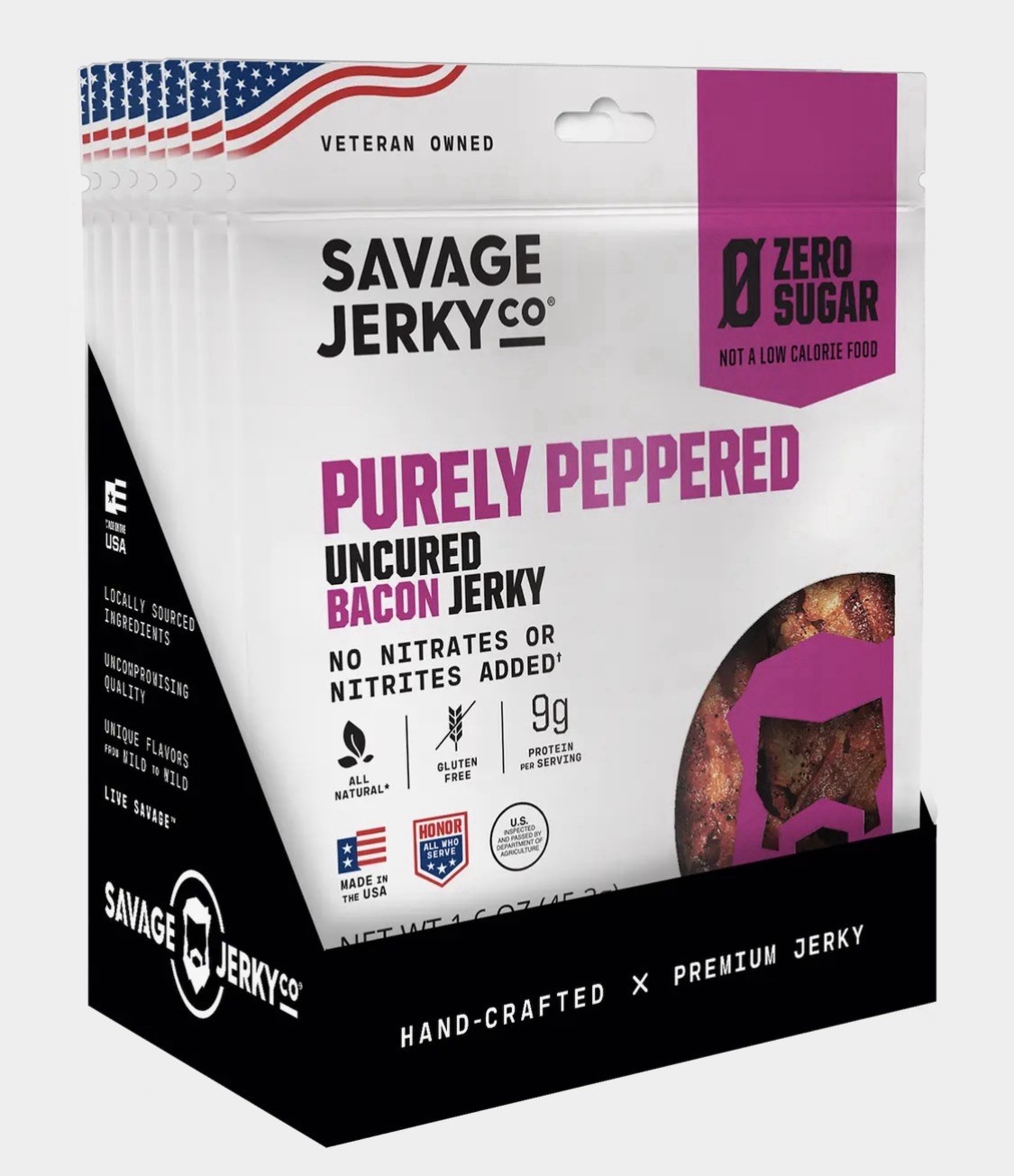 Savage Jerky Co Purely Peppered Uncured Bacon Jerky 1.6oz Gluten Free Zero Sugar