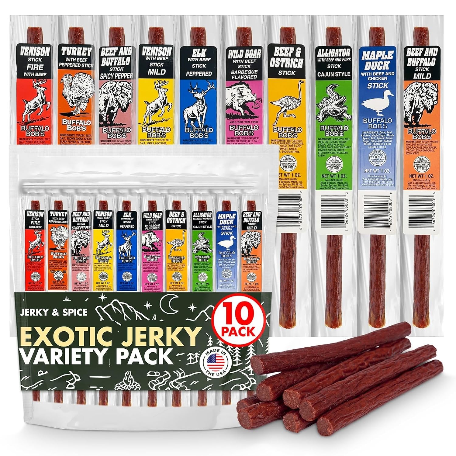 Wild Game Exotic Meat Sticks 10-Pack | Ultimate Beef Jerky | Savory Snacks Va…