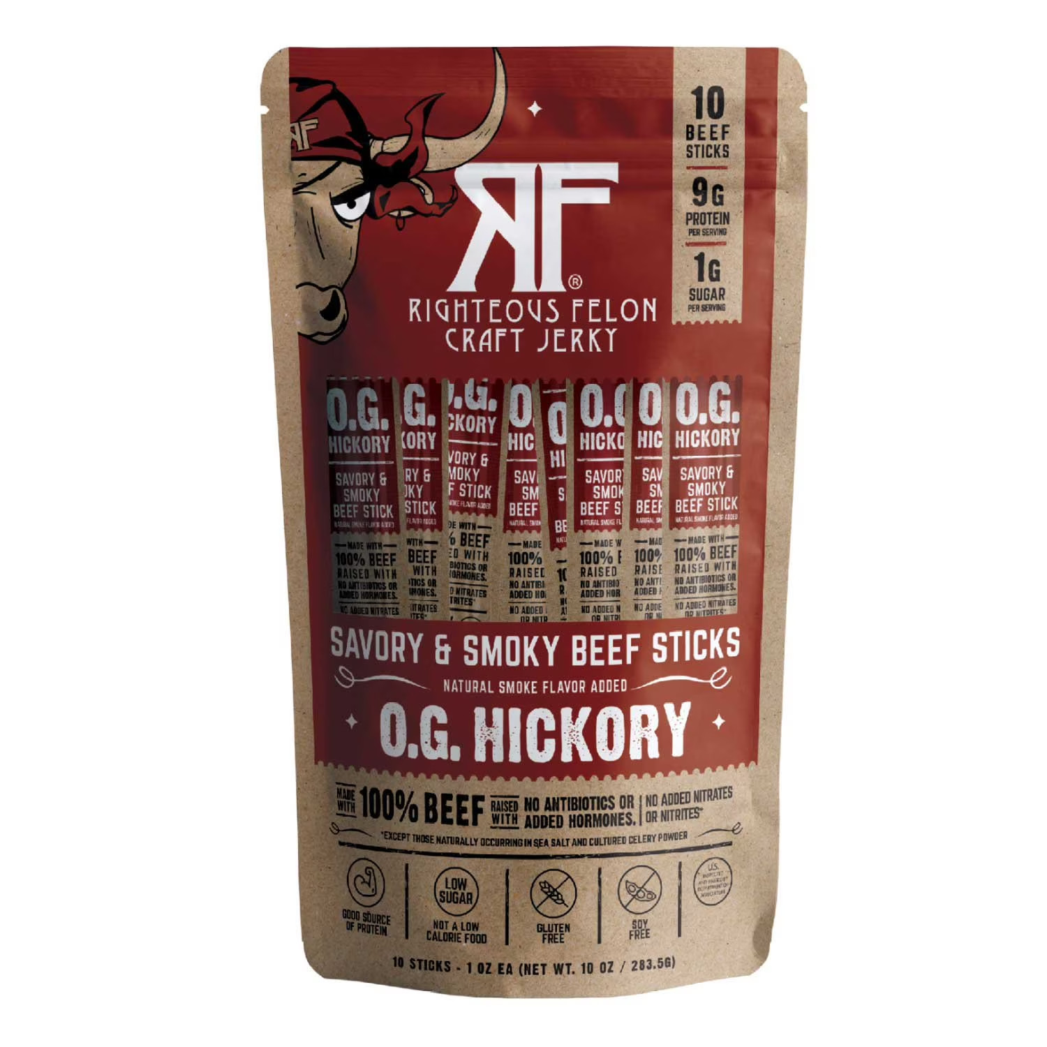 Righteous Felon Craft Jerky Hickory Beef Sticks, 1 oz., 10 pk – QUICK DELIVERY✅