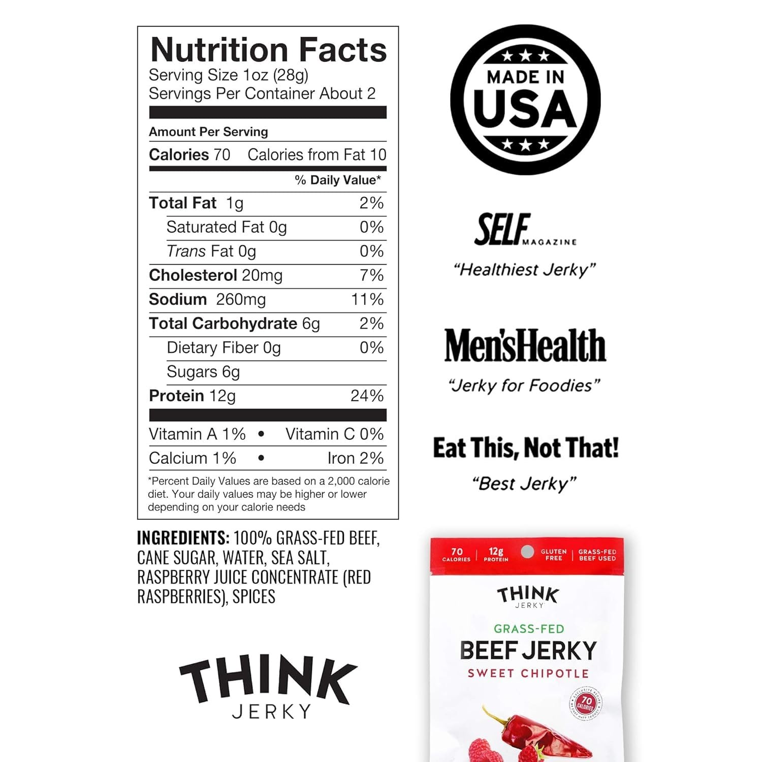 Think Jerky Sweet Chipotle Beef Jerky, GrassFed High Protein Beef Jerky, Glut…