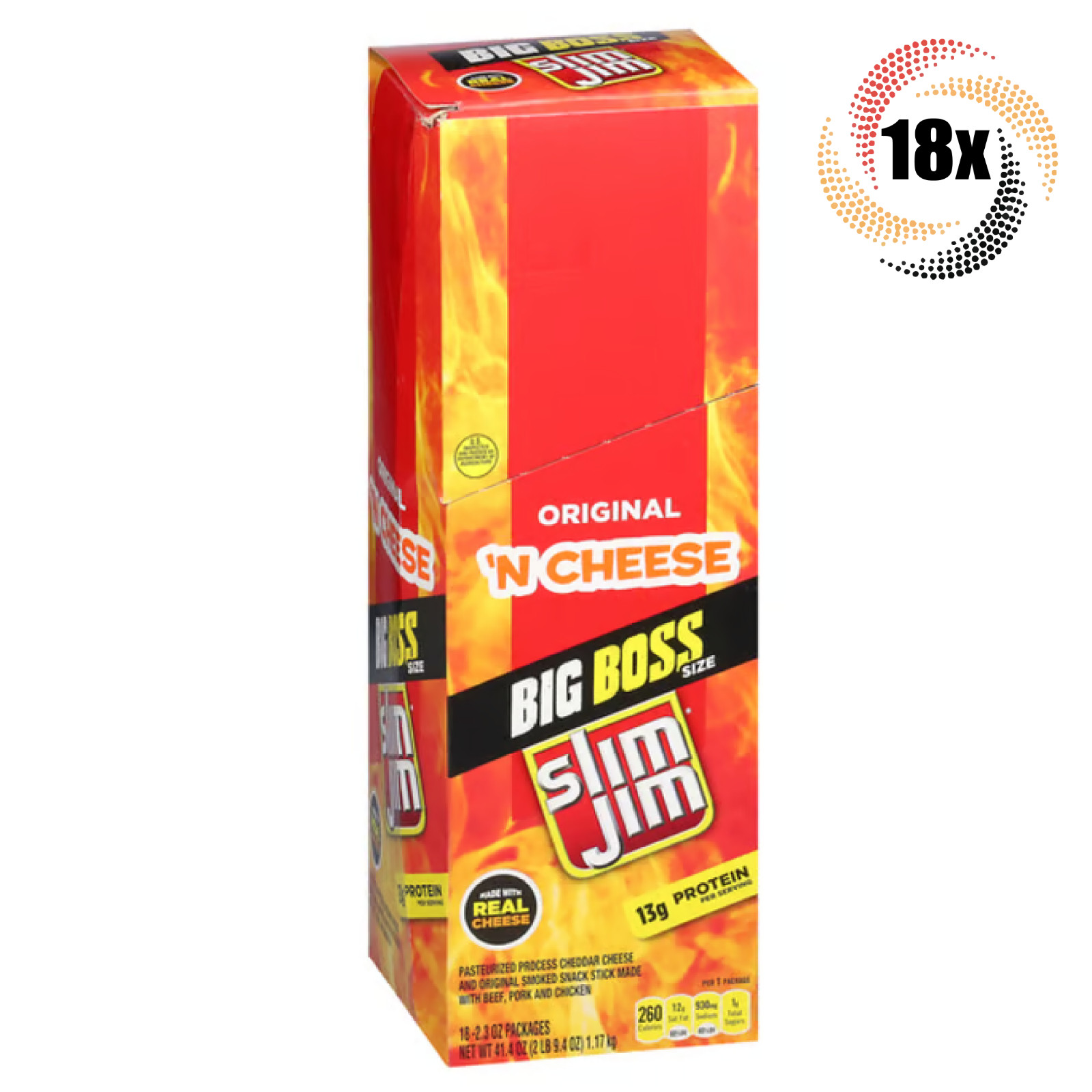 Full Box 18x Packs Slim Jim Big Boss Original ‘N Cheese Snack Sticks | 2.3oz