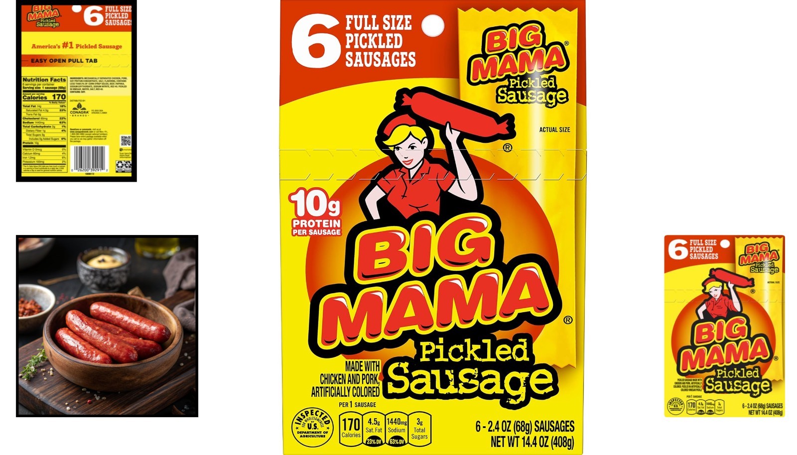 Big Mama Pickled Sausages – Satisfying 2.4 Oz Snack, Low Carb Pack of 6