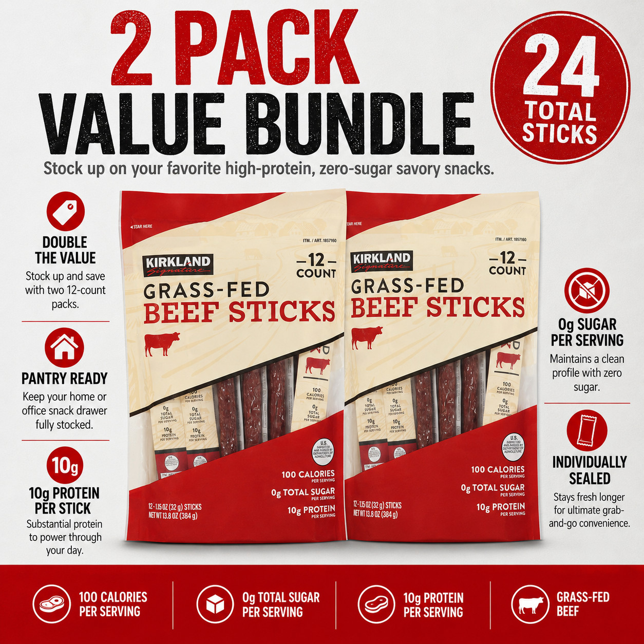 2 Pack Kirkland Signature Grass-fed Beef Sticks, 1.15 oz, 12-count