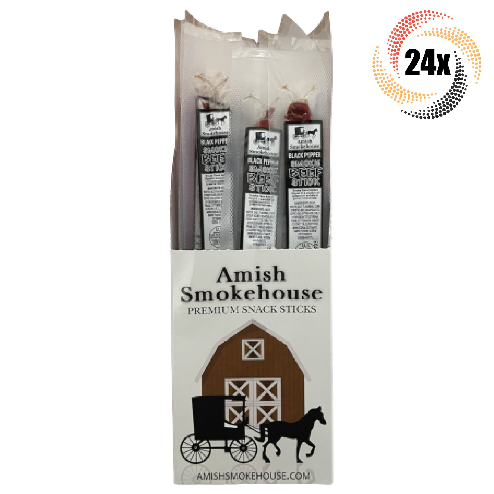 Full Box 24x Sticks Amish Smokehouse Black Pepper 100% Beef Snack Stick | 1.25oz