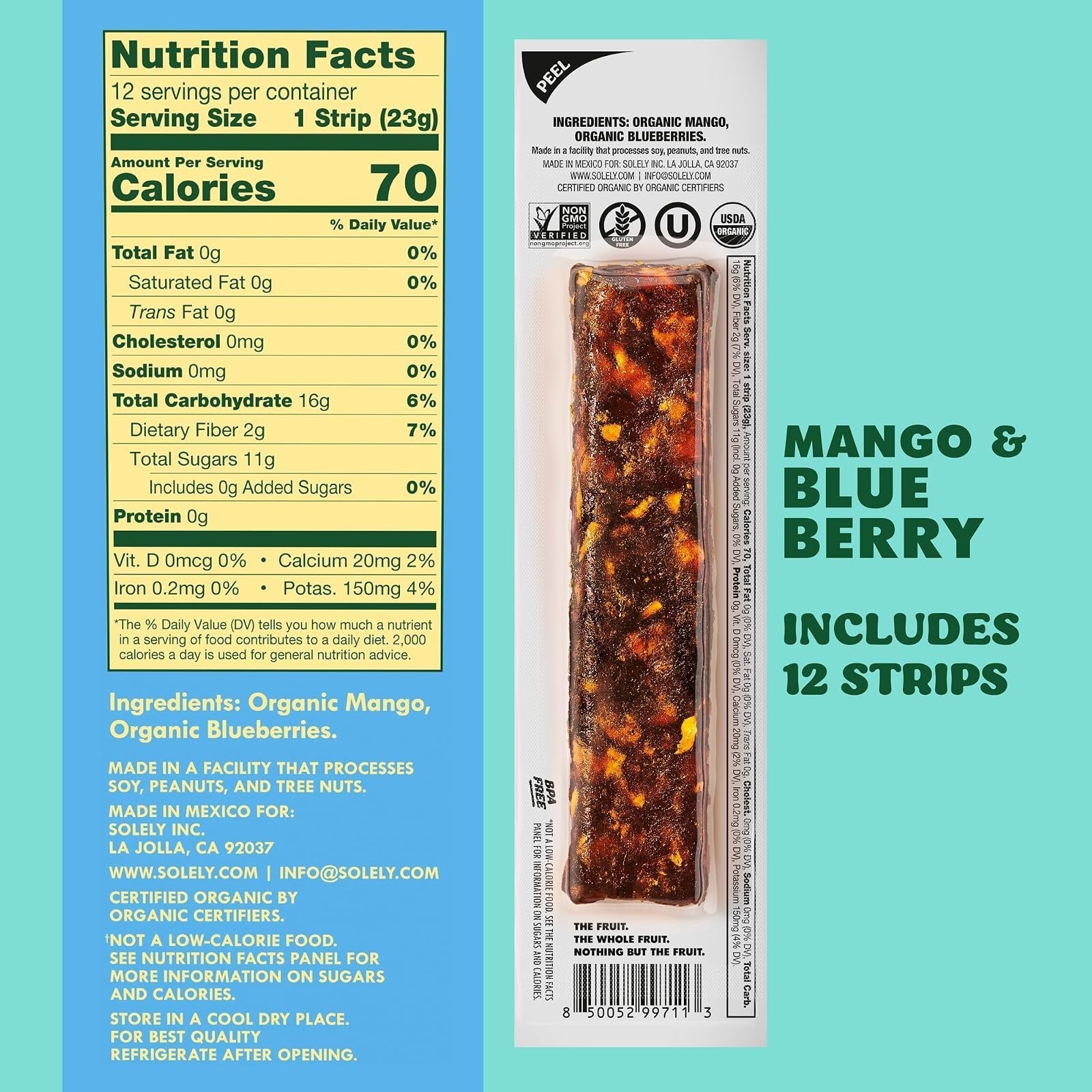 SOLELY Organic Mango Blueberry Fruit Jerky – 12 Strips – Vegan Snack