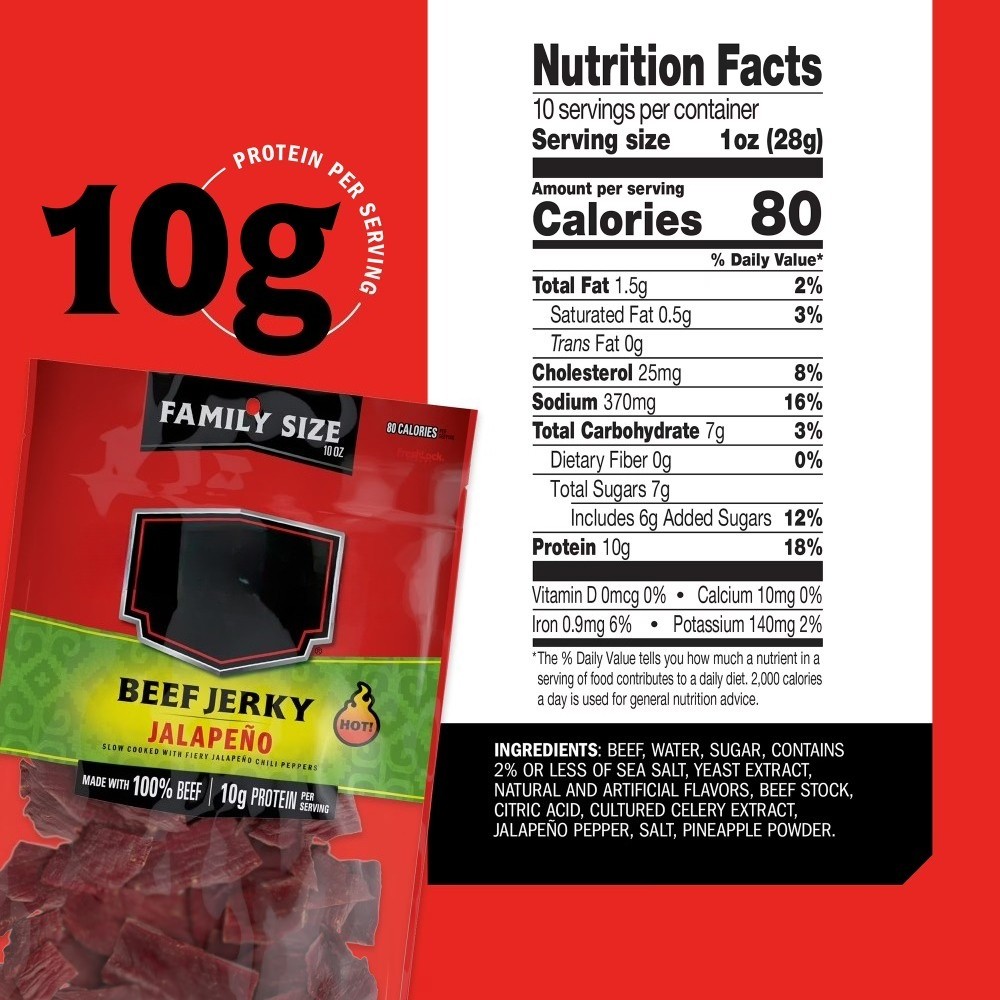 Spicy Beef Jerky, Jalapeño, Made With 100% Beef, 10g of Protein per Serving