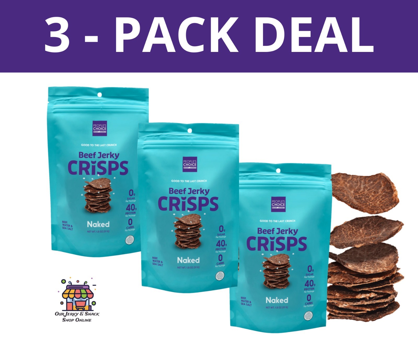 People’s Choice Beef Jerky – Jerky Crisps – Naked – Three Pack