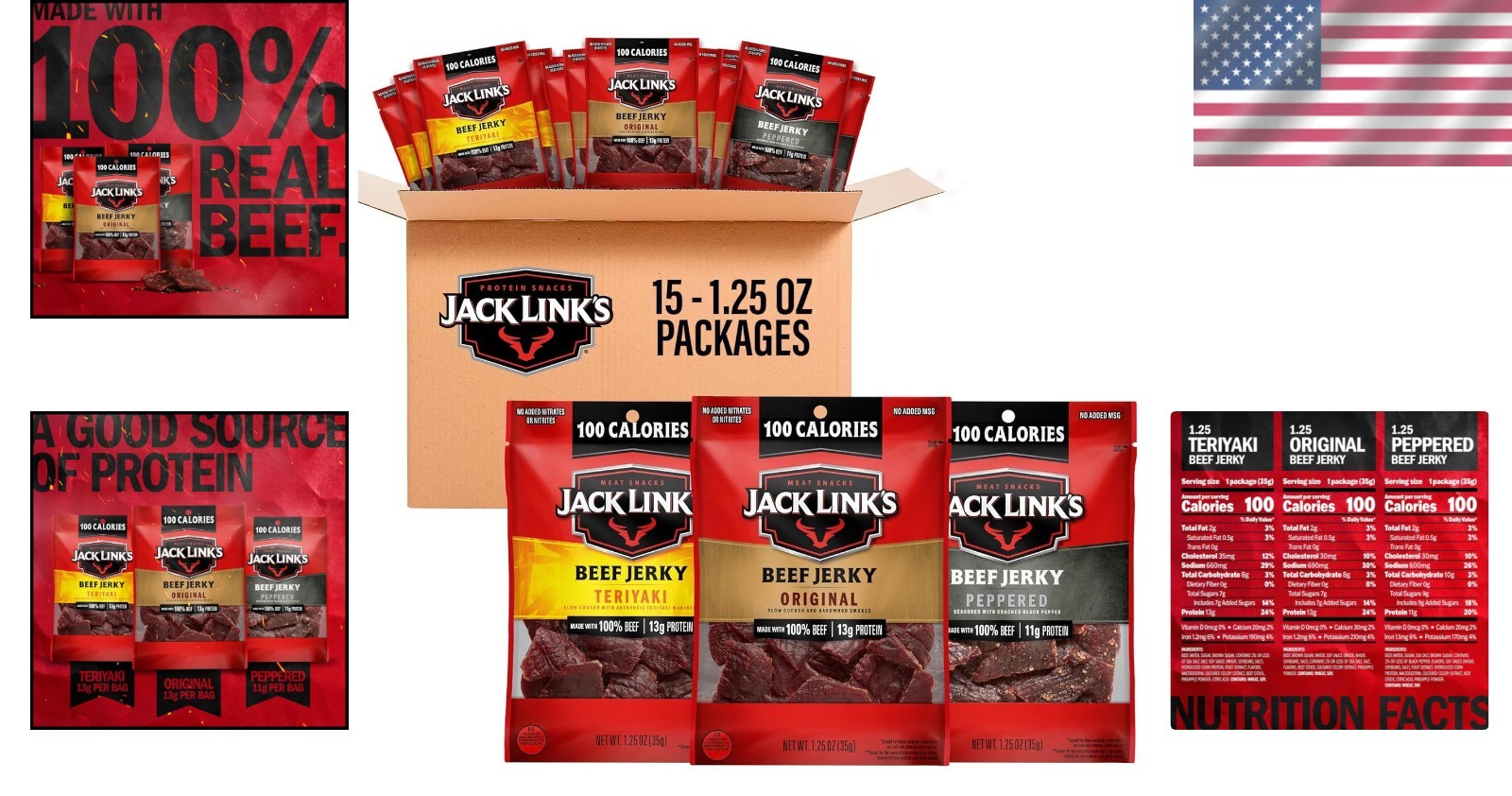 Real Beef Jerky Variety Pack – 15 x 1.25 oz Bags, Ready-to-Eat Protein Snacks