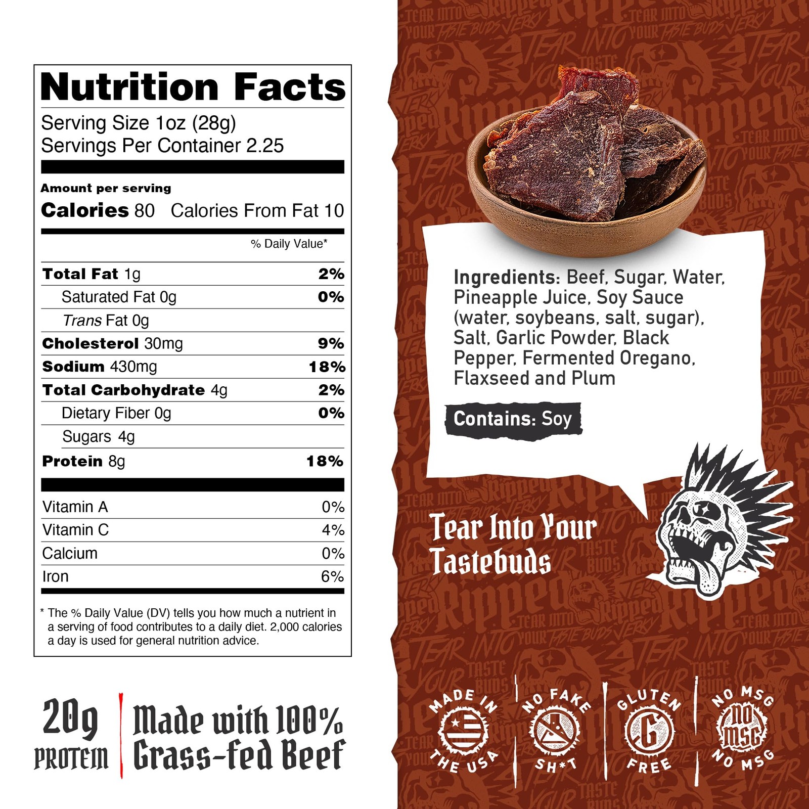 Ripped Beef Jerky – 100 Grass Fed Beef, 20g Protein, Real Ingredients, Gluten…