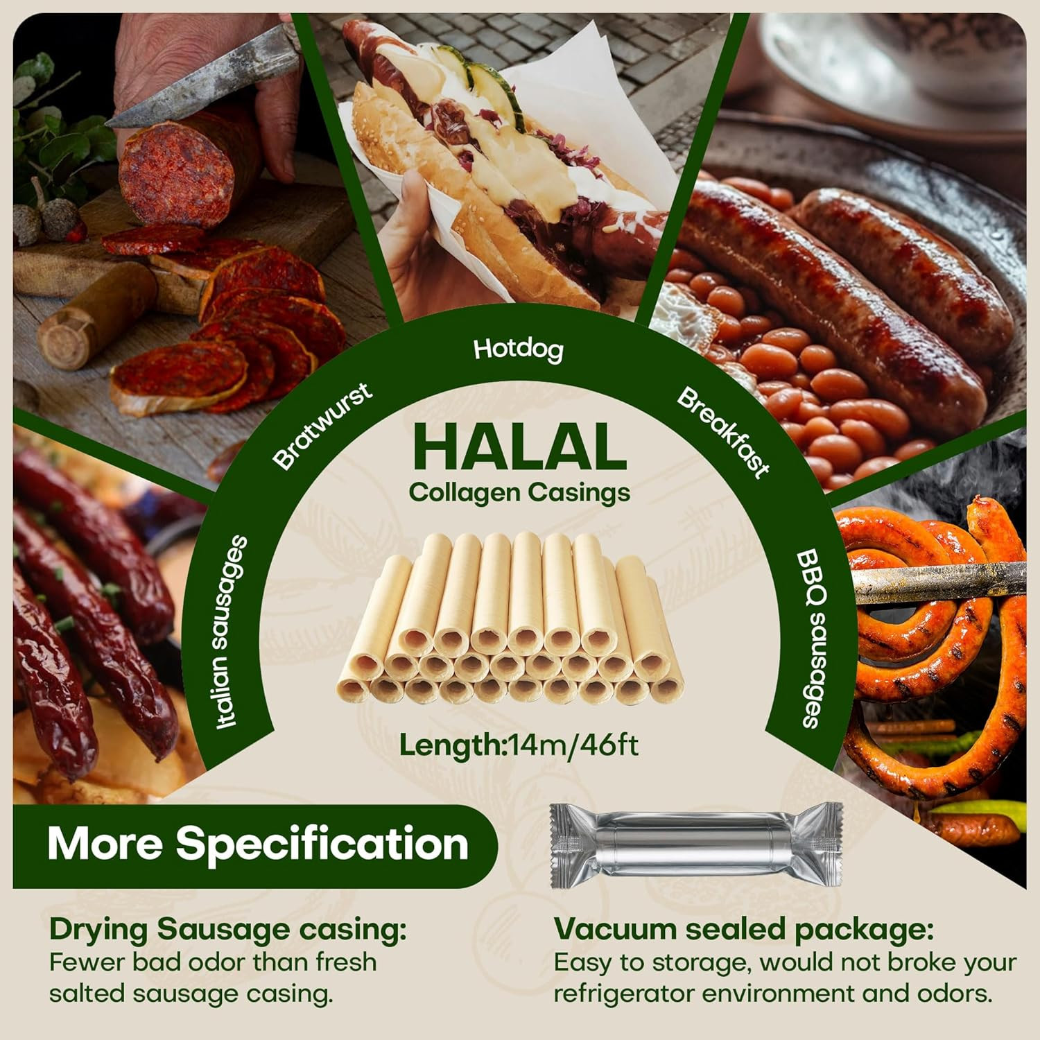 VONSYONG HALAL Sausage Casing, Grade a Edible Drying Collagen Sausage Casings fo