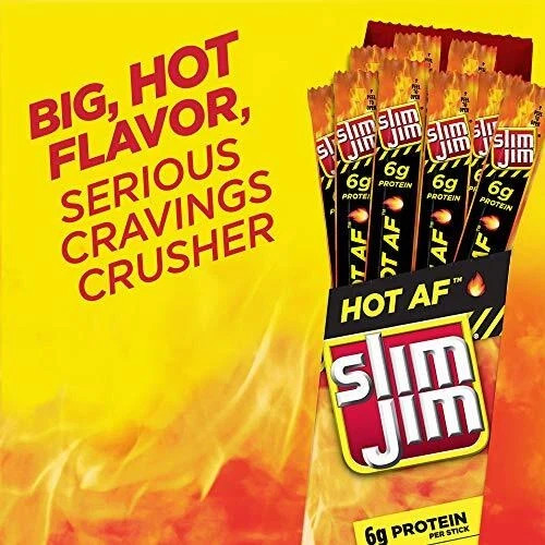 Slim Jim Giant Smoked Meat Sticks, Hot AF Flavor, 6g Protein Per Stick, 24 Count