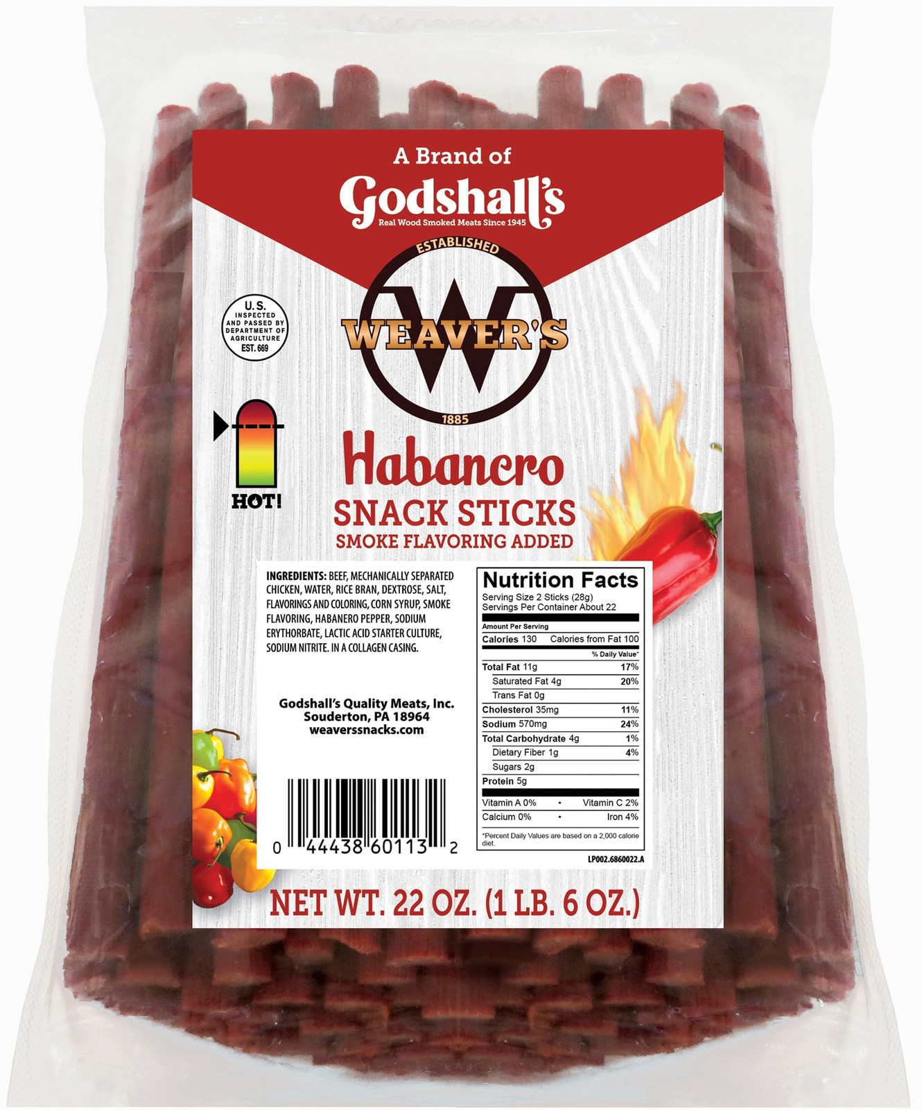 Weaver’s Habanero Snack Sticks 44 spicy 7 beef and chicken snack sticks per 2…