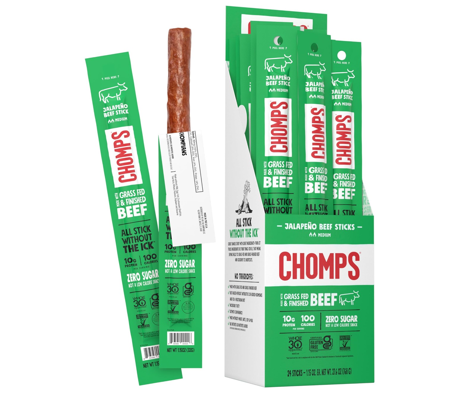 Chomps Grass-Fed and Finished Jalapeño Beef Jerky Snack Sticks 24-Pack – Keto