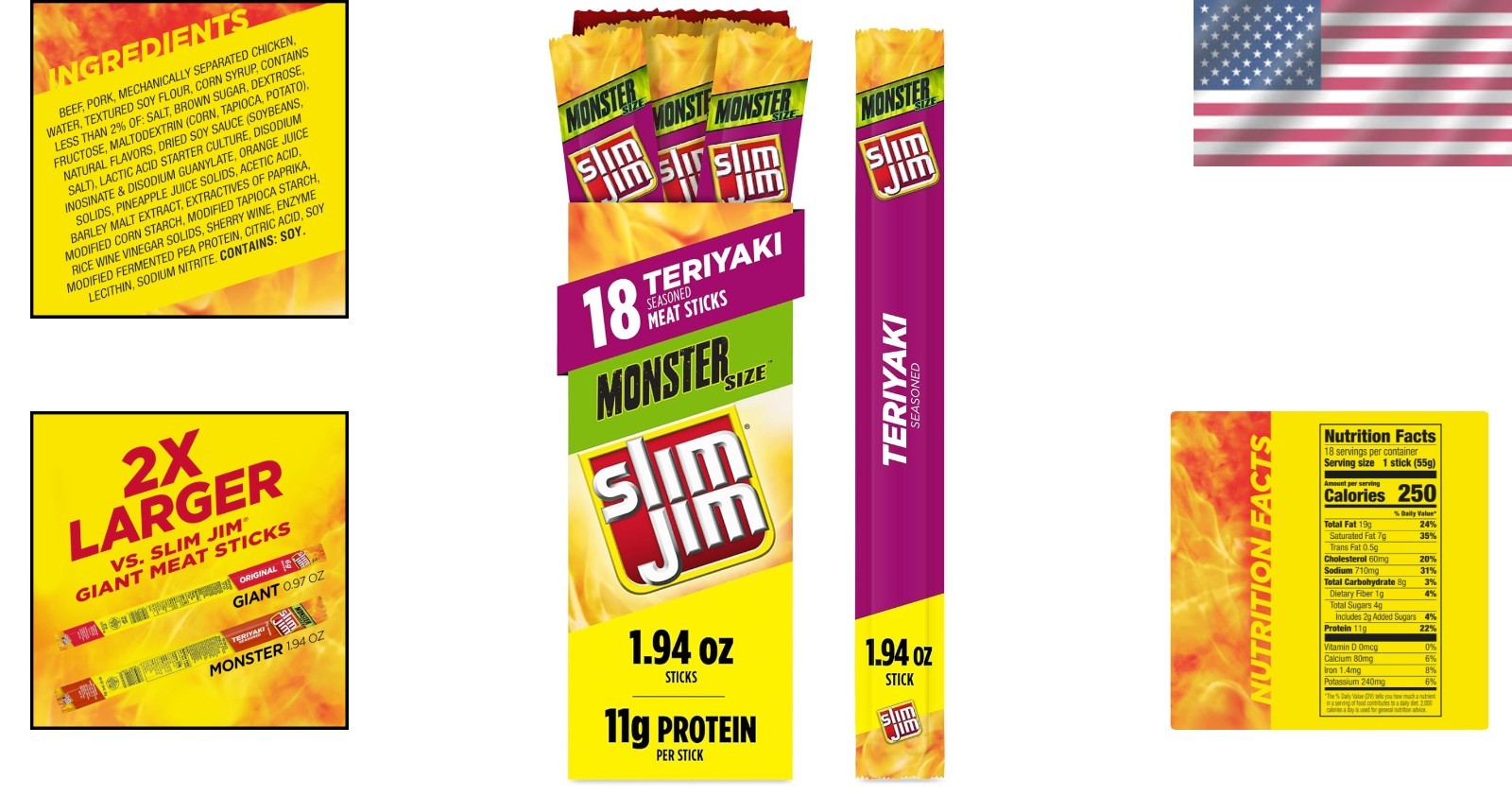 Monster Teriyaki Meat Sticks 18ct Box – High Protein Beef Pork Chicken Snacks