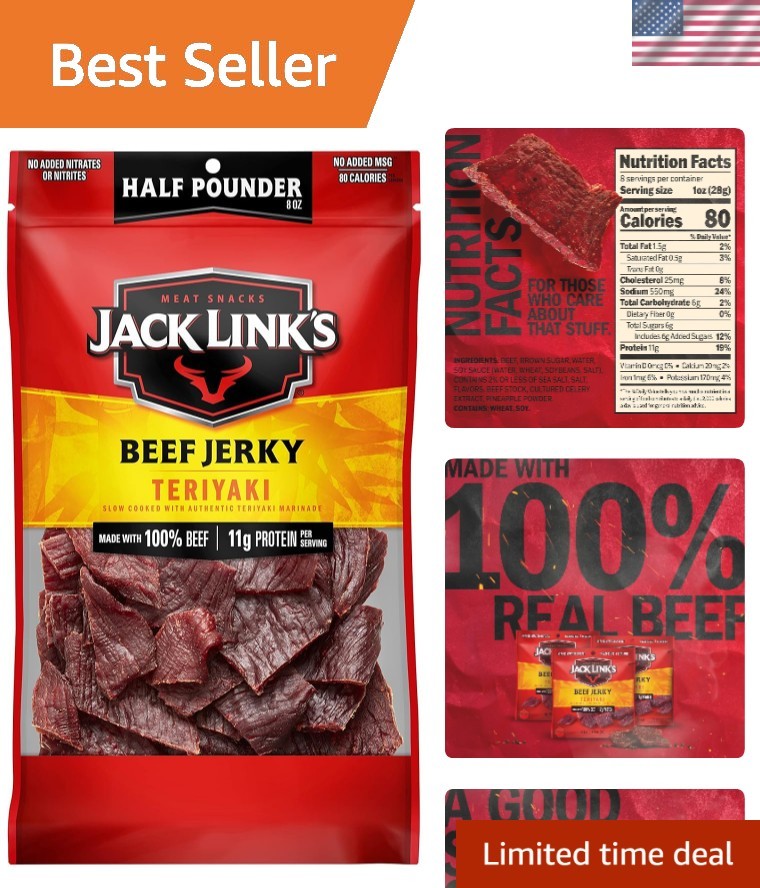 Teriyaki Beef Jerky Half Pounder – 8 oz Large Jerky Bag – Ready to Eat Real M…
