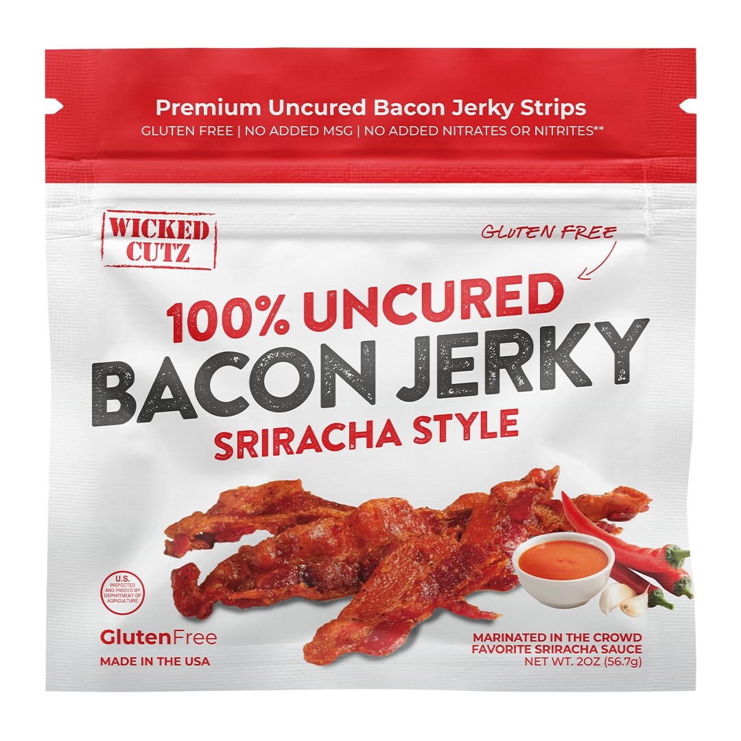 Bacon Jerky HOT SRIRACHA STYLE Spicy Gluten Free Wicked Cutz – One 2 oz. Bag