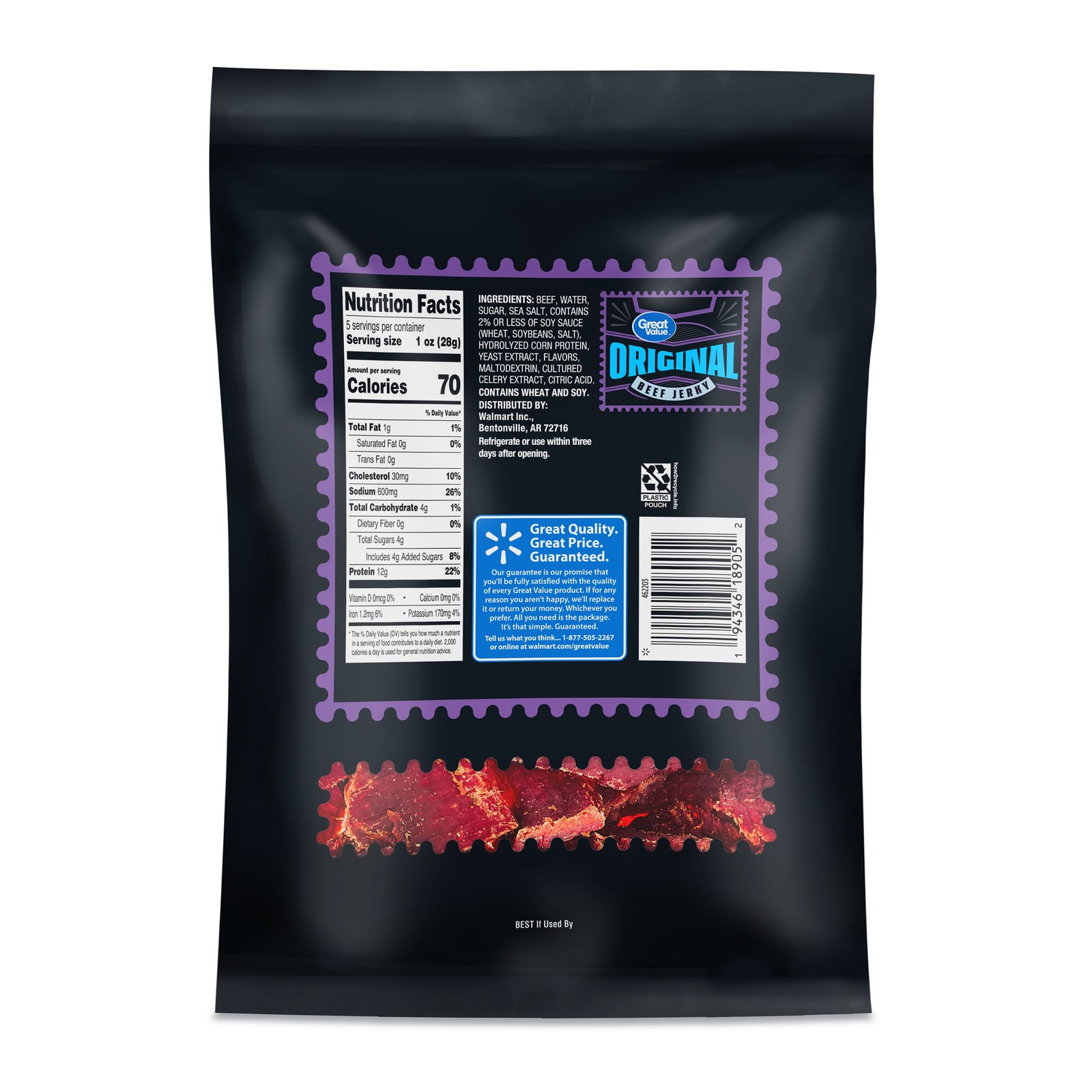 Great Value Original Beef Jerky, 5 oz, Bold Flavor, Perfect Snack On-the-Go