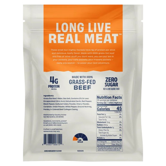 Country Archer Grass-Fed Beef Stick Minis Original, 0.5 oz, 28-Count