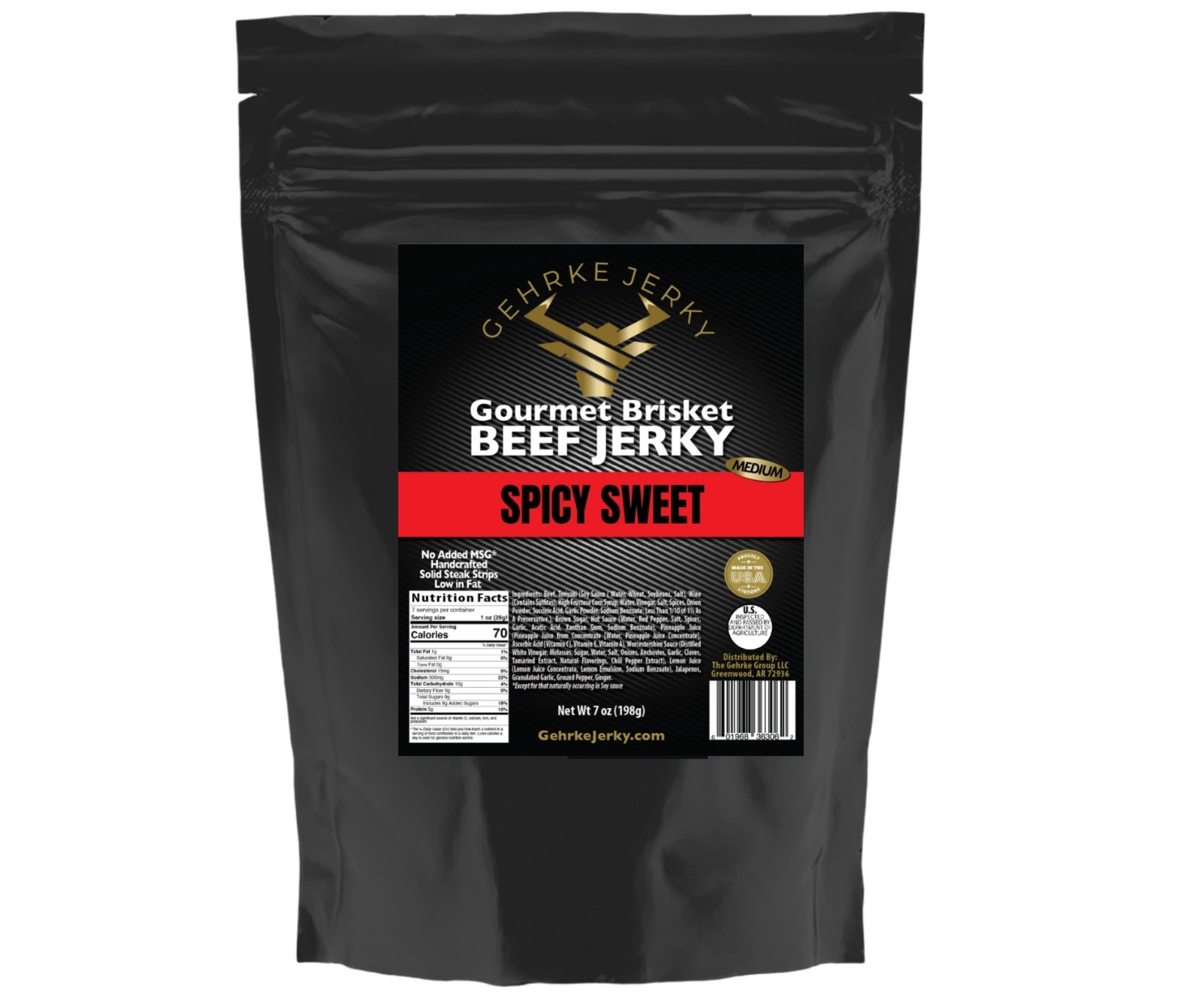 SPICY SWEET HOME MADE STYLE GOURMET GEHRKE JERKY BEEF BRISKET JERKY – 3 oz. Bag