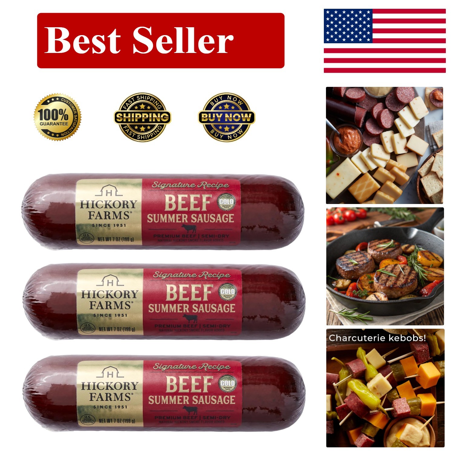 Hickory Farms Signature Beef Summer Sausage – 3 Pack | 100 Beef – Great for C…