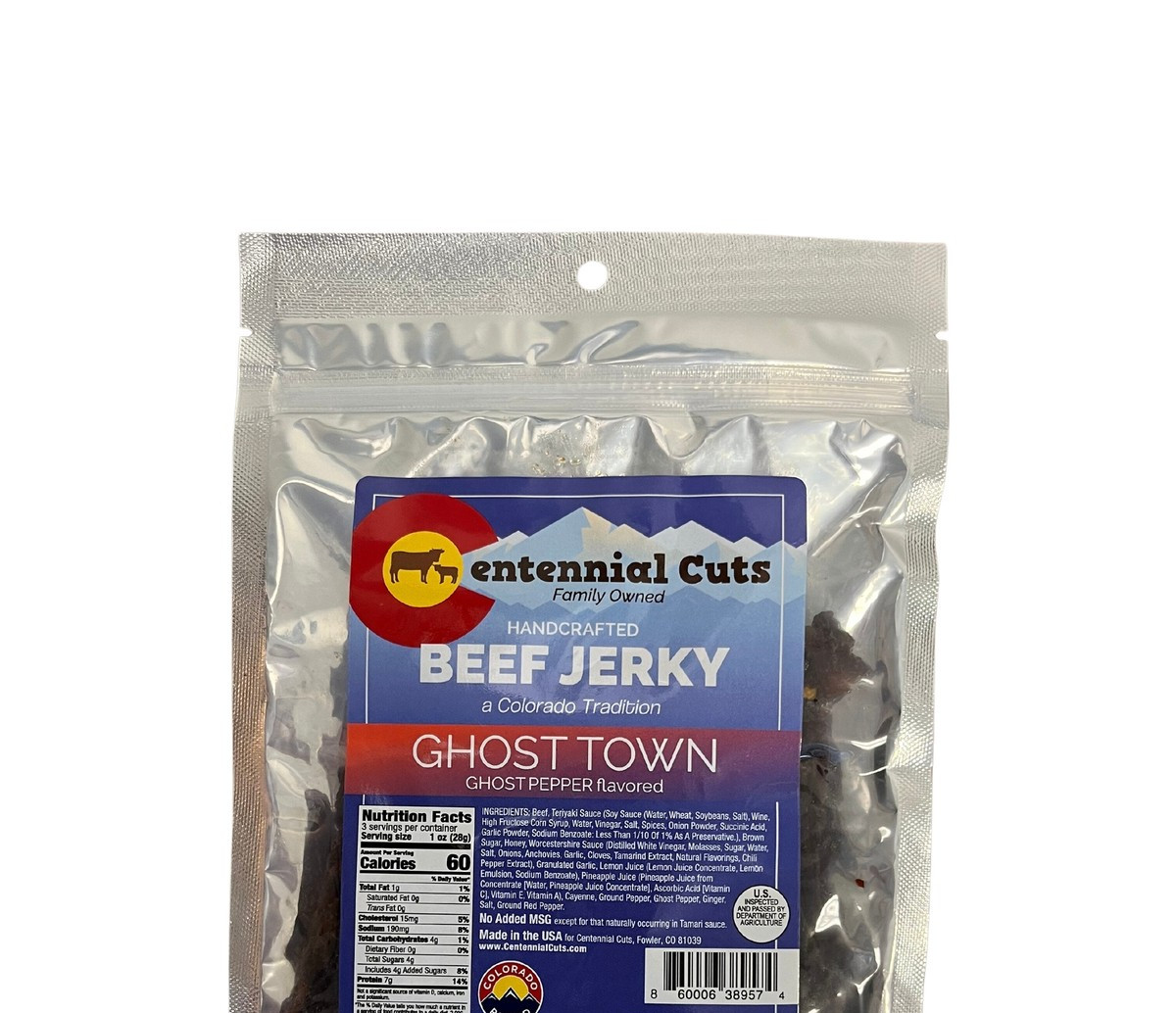 Centennial Cuts Beef Jerky Ghost Town Pepper HOT Spicy – One 1 oz Sample Bag
