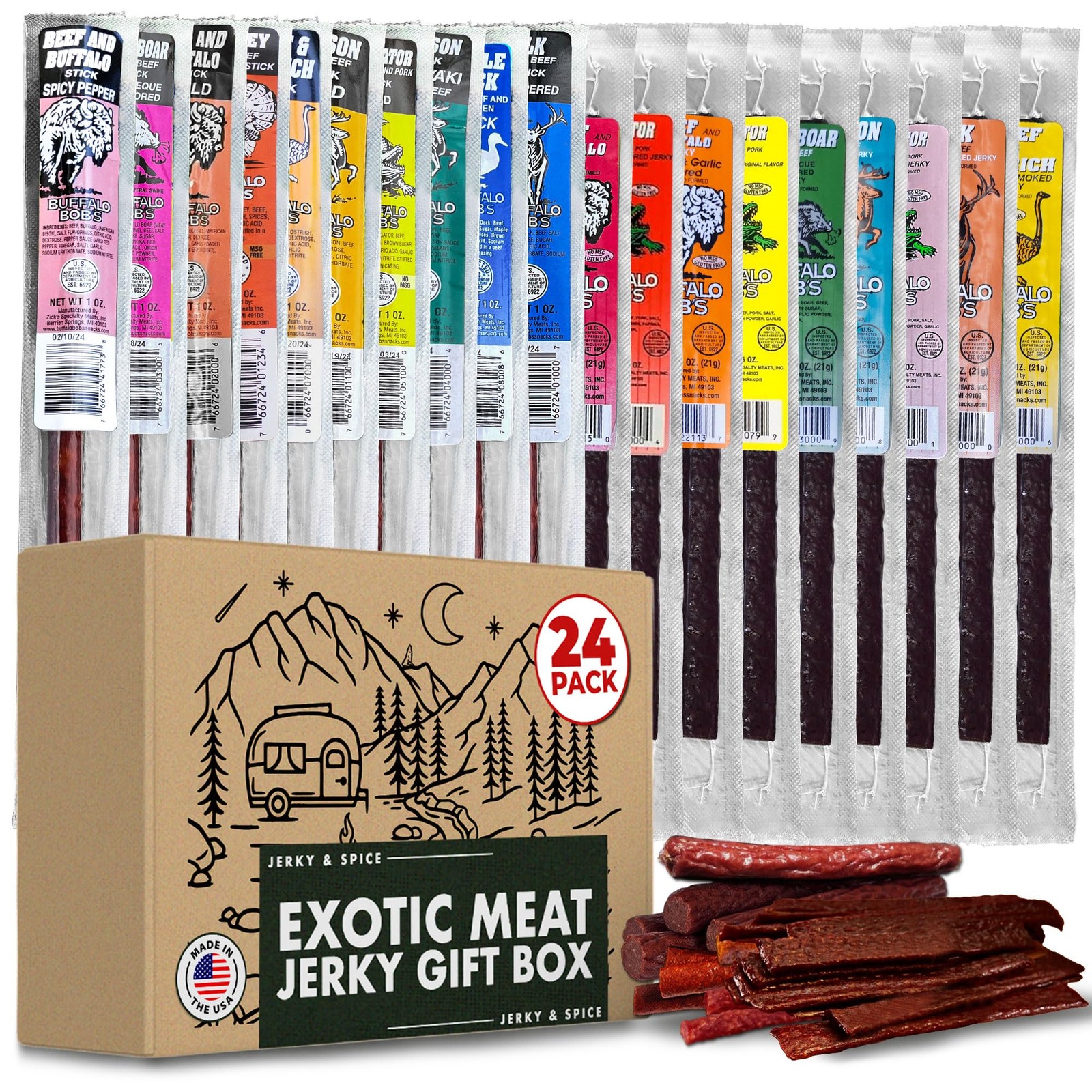 Buffalo Bobs Wild Game Meat Snacks Gift Box 24 pack | Ultimate Exotic Snack B…