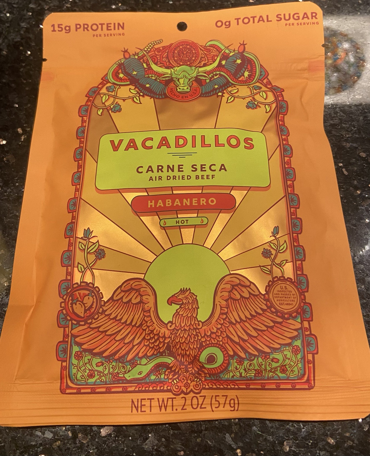 Vacadillo Carne Seca Air Dried Beef Habanero 15 g Protein 2 Oz. Pouch