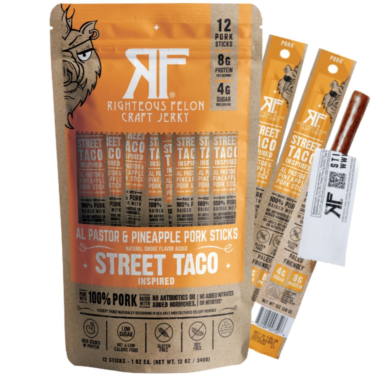 Righteous Felon Craft Jerky Street Taco Pork Sticks, 1 oz., 12 pk.