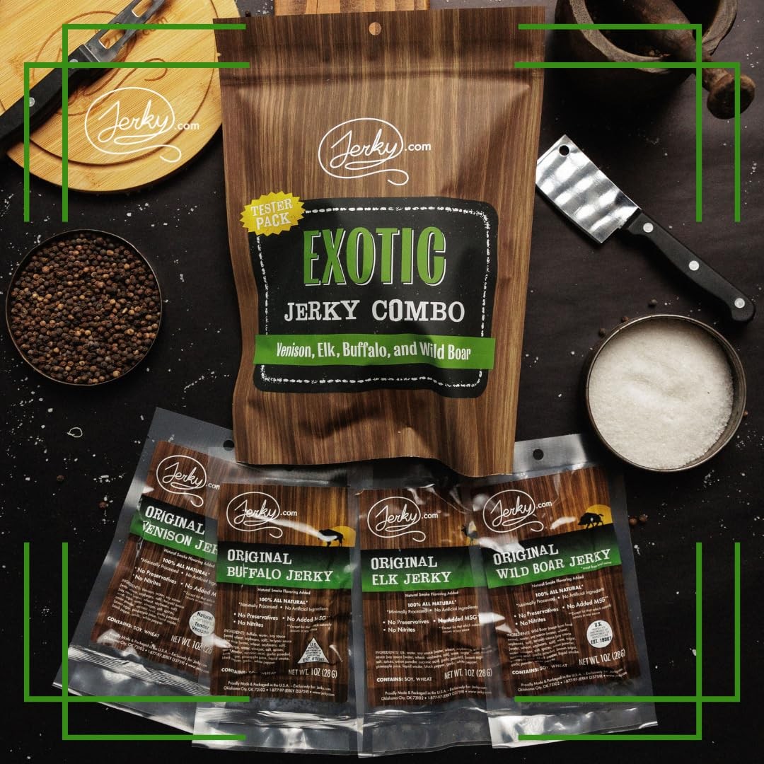 Jerky.com Exotic Jerky Variety Pack | 4pc Wild Game 1 Ounce (Pack of 4)