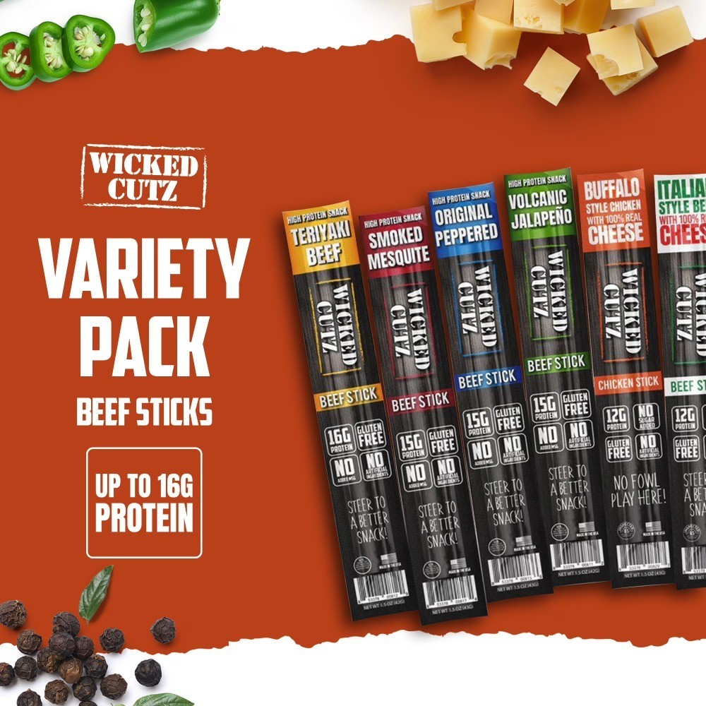 Beef Jerky Sticks Variety Pack of 18 High Protein Snacks 6 Flavors Assortment