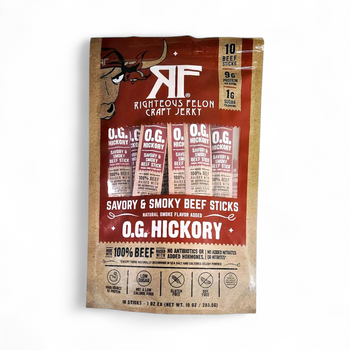 Righteous Felon Craft Jerky Hickory Beef Sticks, 1 oz – 10 Pack