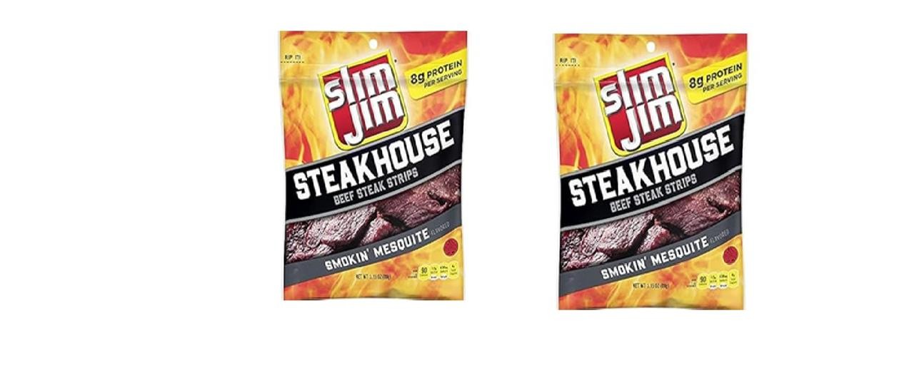 2 NEW SLIM JIM STEAK STRIPS SMOKIN’ MESQUITE TENDER CUTS OF 100% BEEF JERKEY 3oz