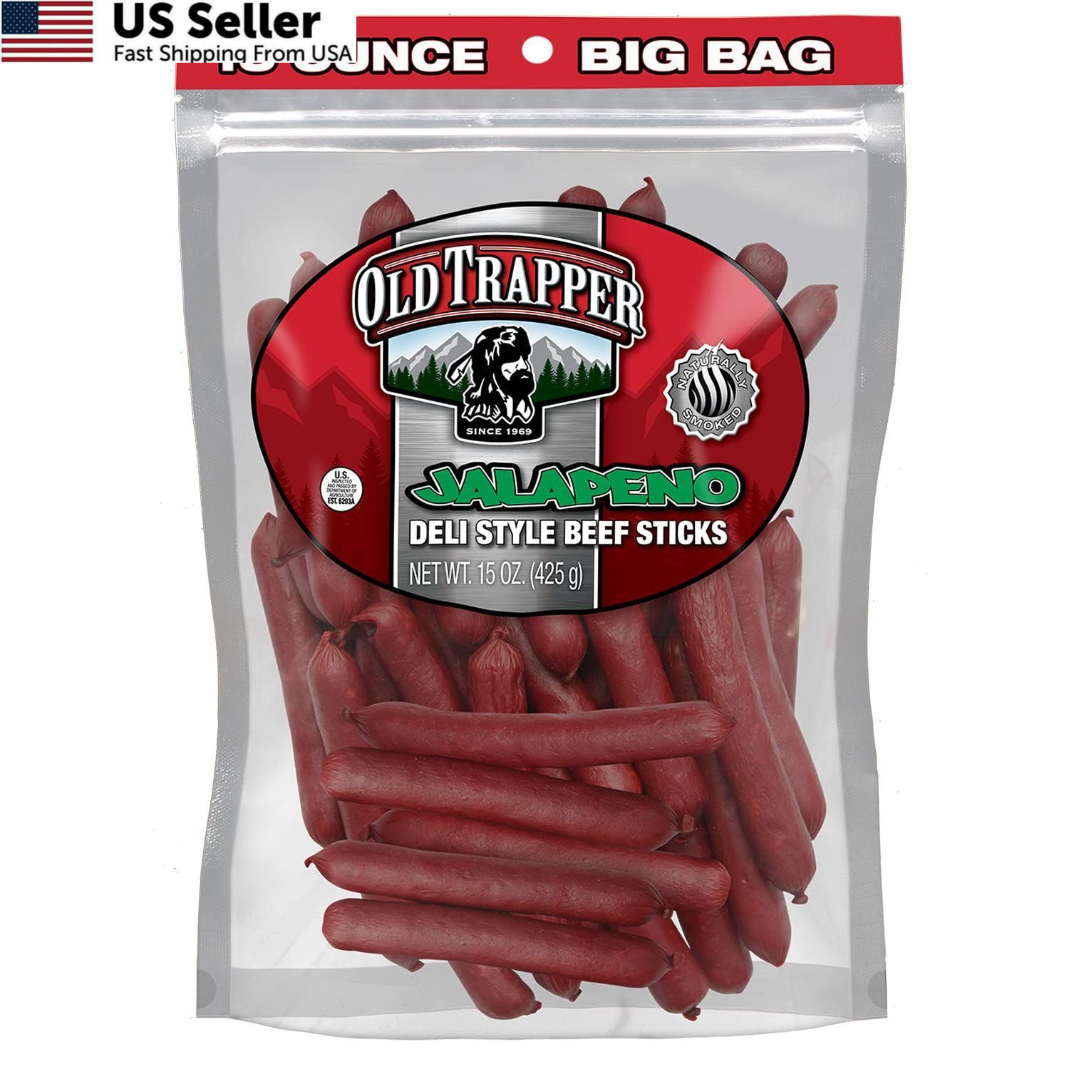 Old Trapper Deli Style Beef Sticks Jalapeno 15oz Spicy Protein Zero Sugar 1 Pack