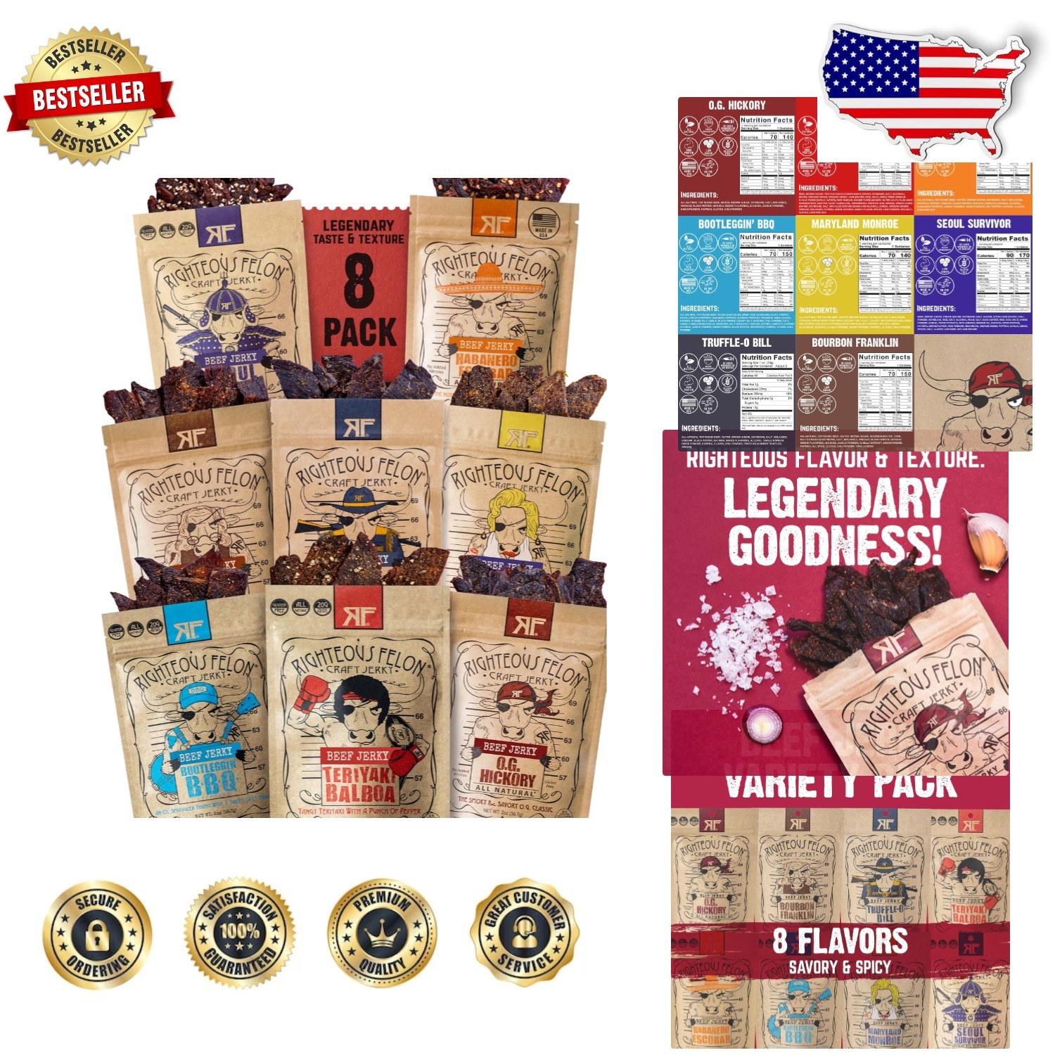 Beef Jerky Gift Set – 8 Pack Sampler, Low Sugar, Pasture-Raised, American Made