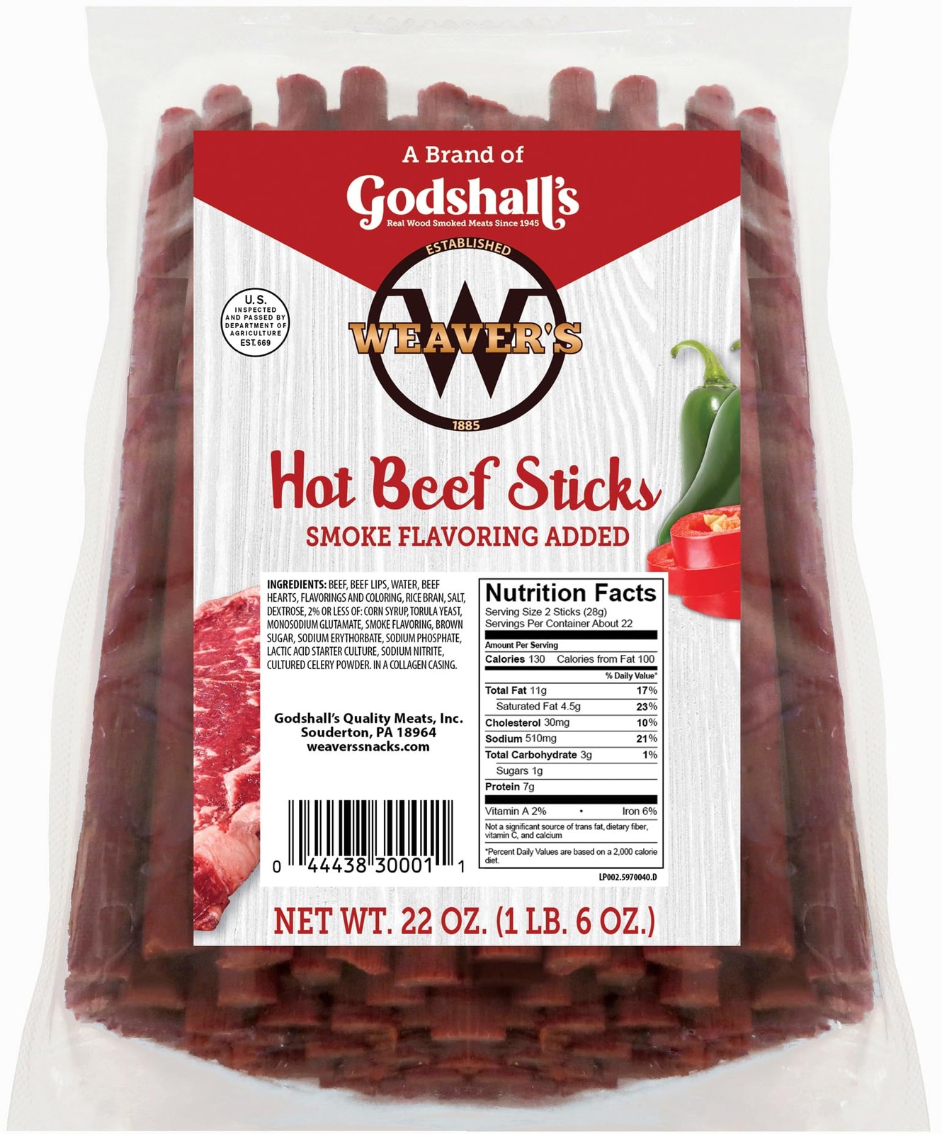 Weaver’s Hot Beef Sticks 44 hot spicy 7 beef sticks per 22oz bag