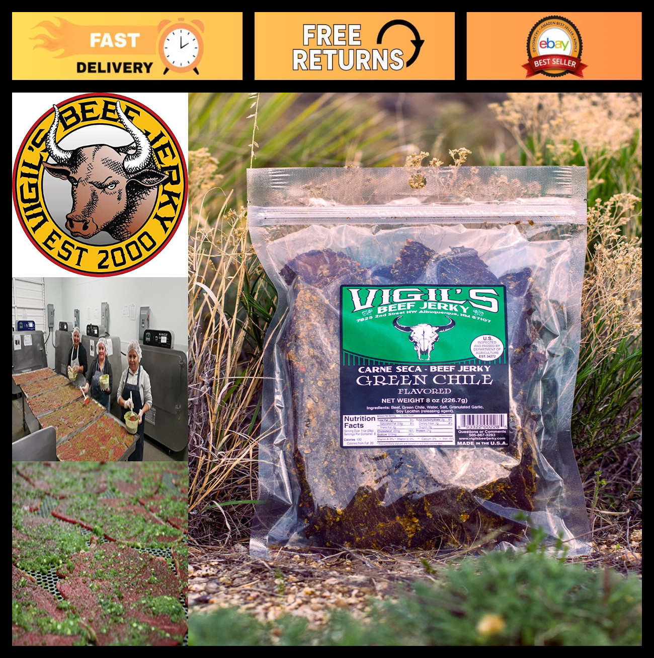 Spicy Green Chile Beef Jerky 8oz | High-Protein Snack | Gluten-Free Treat