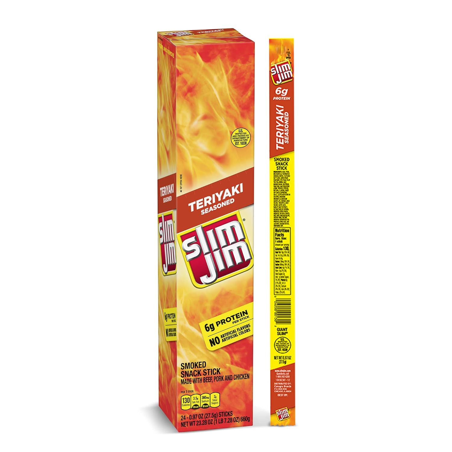 Slim Jim Giant Smoked Meat Sticks, Teriyaki Flavor, 6G Protein per Stick, 0.97 O