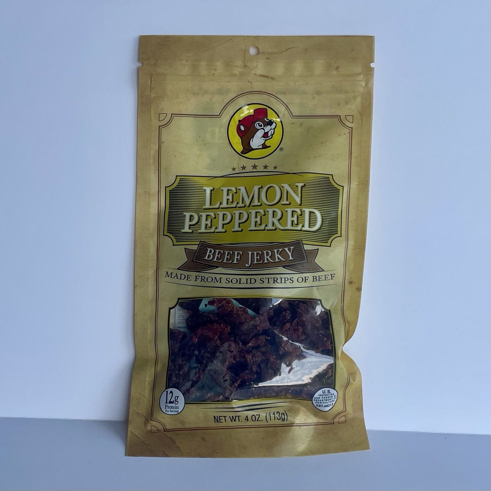 Buc-ee’s Lemon Peppered Beef Jerky 4 oz (113g) – Made from Solid Strips of Beef