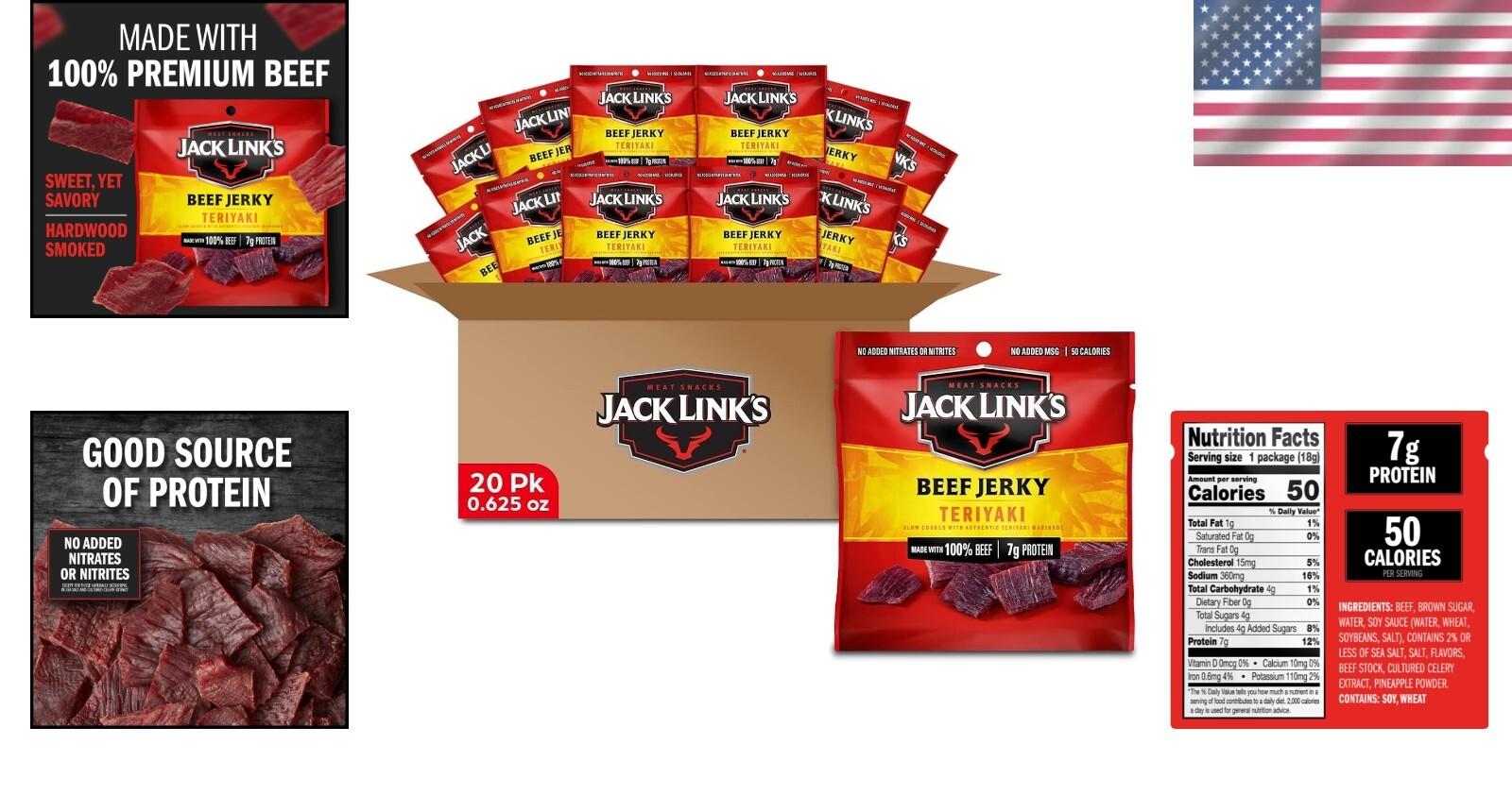 Protein-Packed Teriyaki Beef Jerky – 20 Individual 0.625oz Snack Bags, 100% Beef