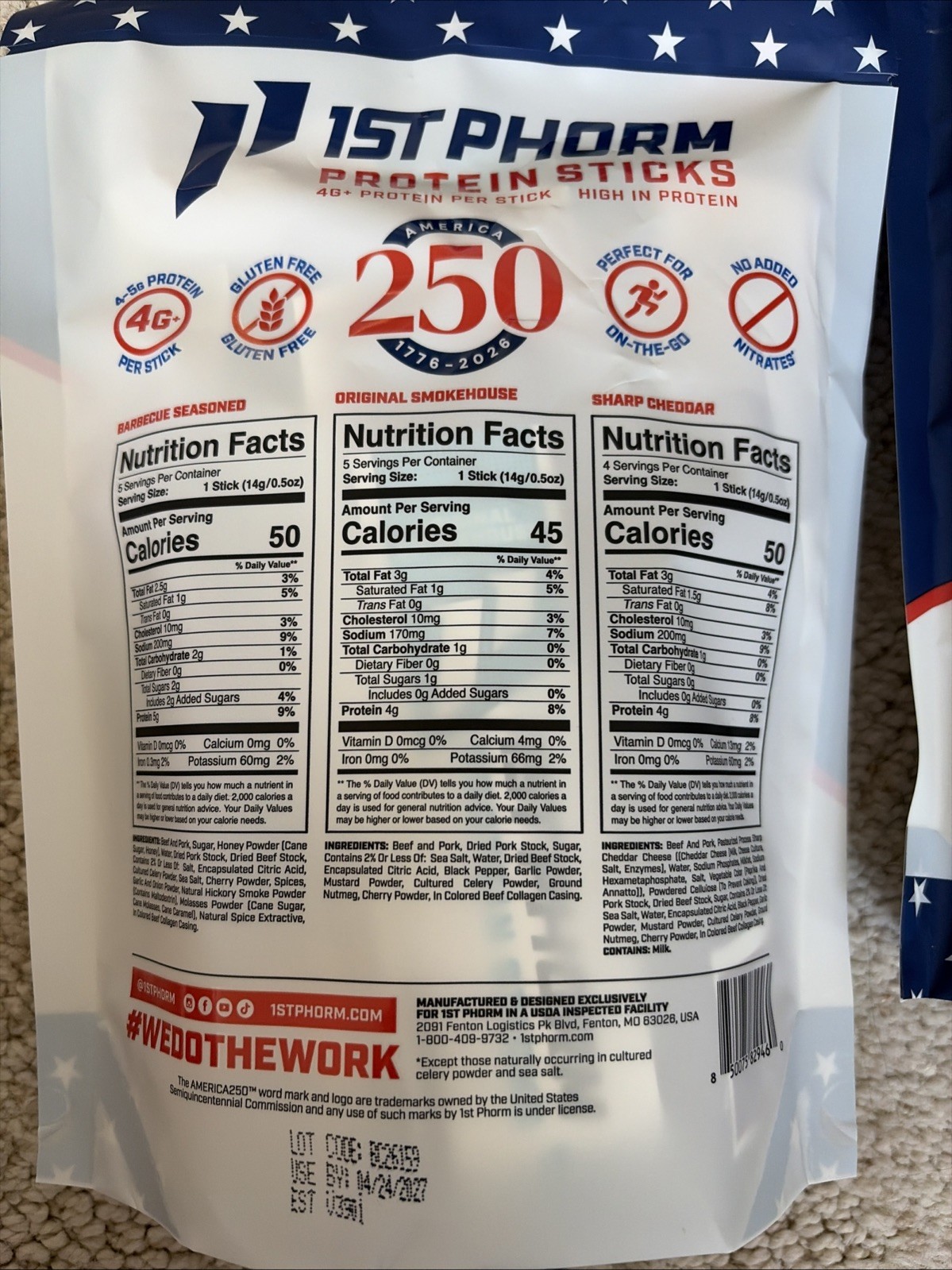 6 Pack 1st Phorm Sharp Cheddar, Original, BBQ Protein 84 Total Mini Meat Sticks