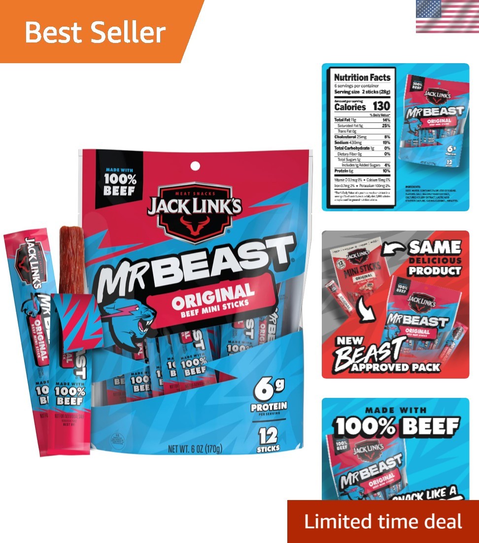 MrBeast Flavor Mini Beef Jerky Sticks – 100% Real Beef – 12 Pack