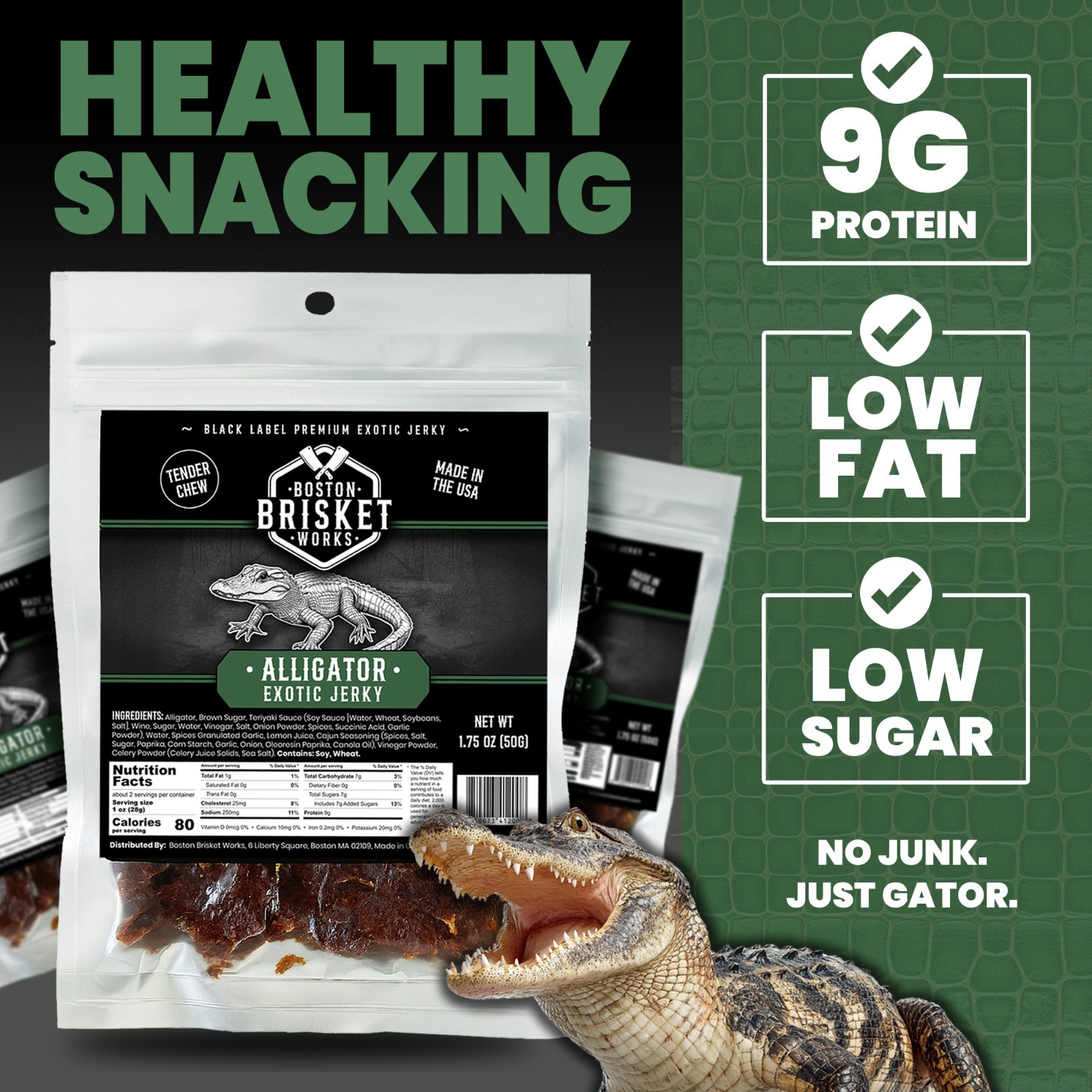 ALLIGATOR JERKY – Exotic Wild Game Snack – Made in the USA – Fast Shipping!