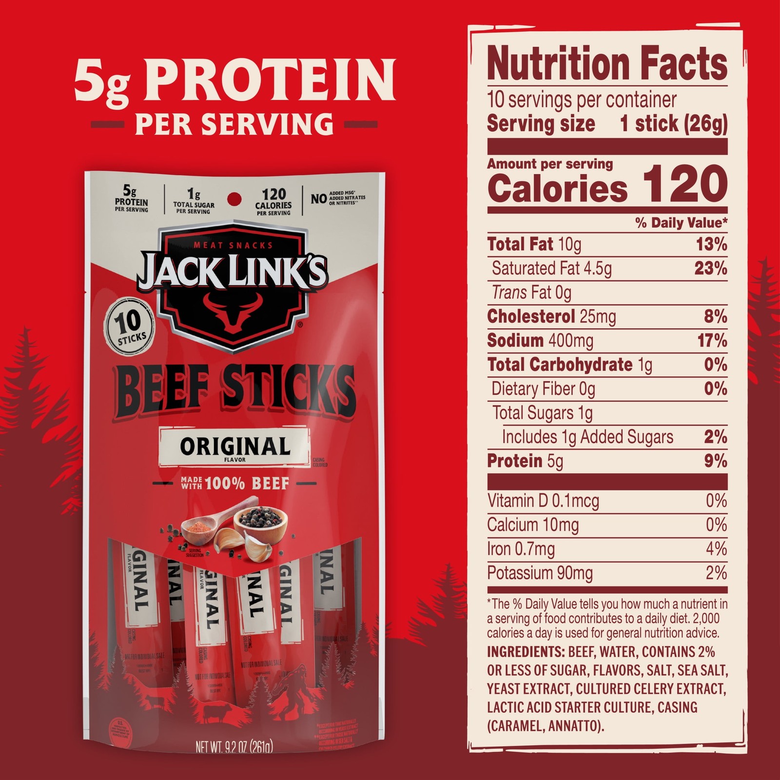 Jack Link’s Original Beef Sticks, 10-Pack, 100% Beef Protein Snacks