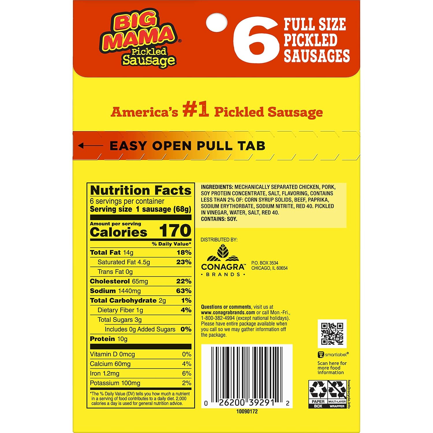 Penrose Big Mama Pickled Sausage, 10G Protein per Sausage, 2.4 Oz., 6-Count