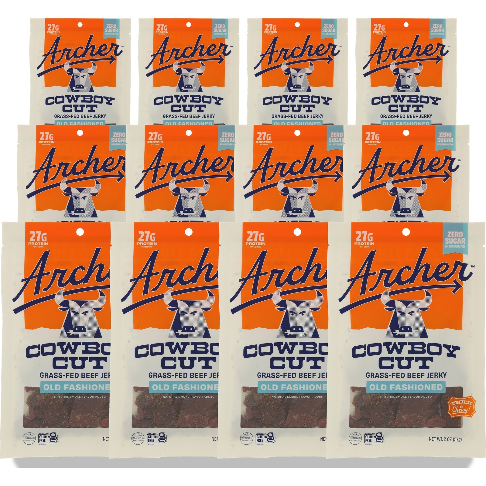 Archer Grass-Fed Cowboy Cut Beef Jerky Old Fashioned 2 Oz 12 Pack