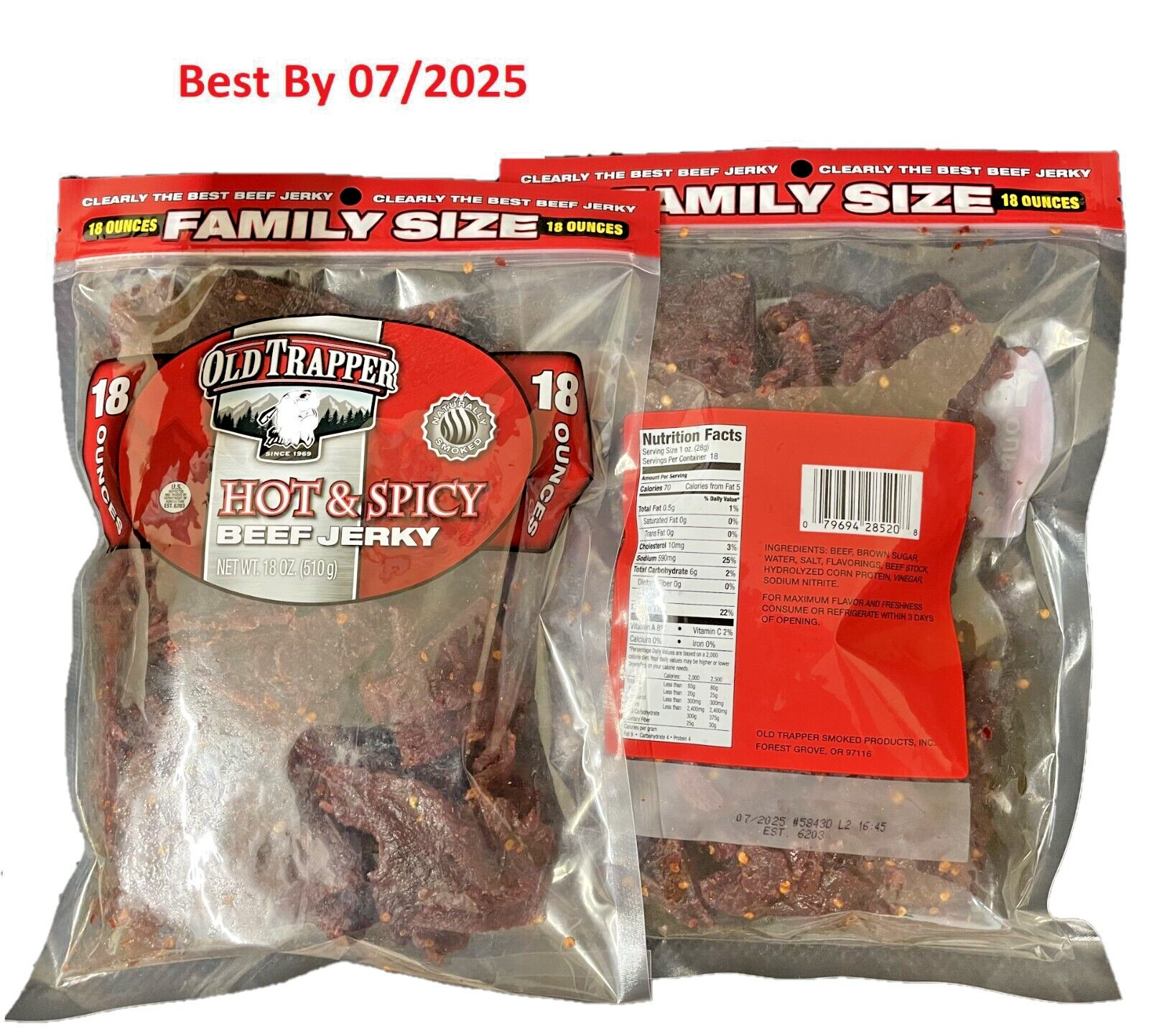 2-Pack BIG 18 OZ Old Trapper Jerky Hot And Spicy Pepper Beef Family Size