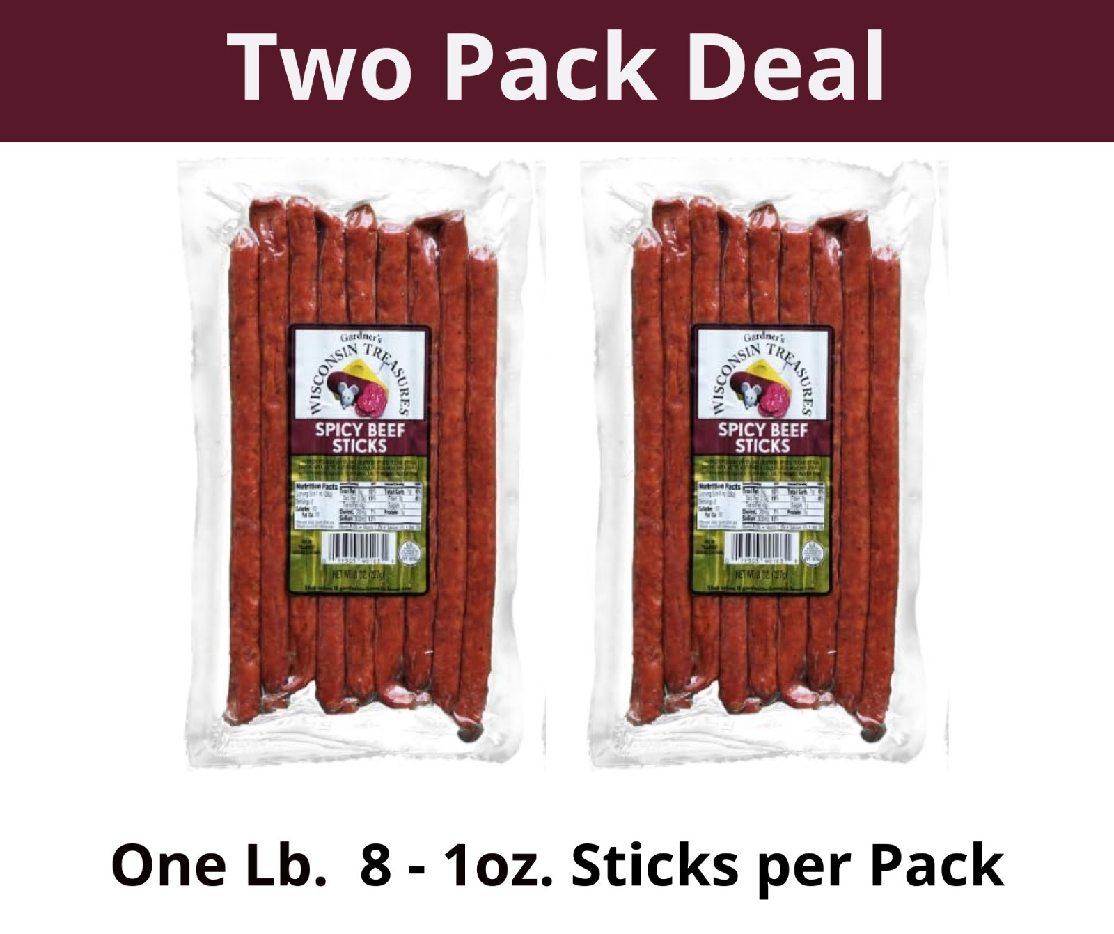 ONE POUND BIG SPICY HOT All Beef Meat Snack Sticks Two 8 oz. packs