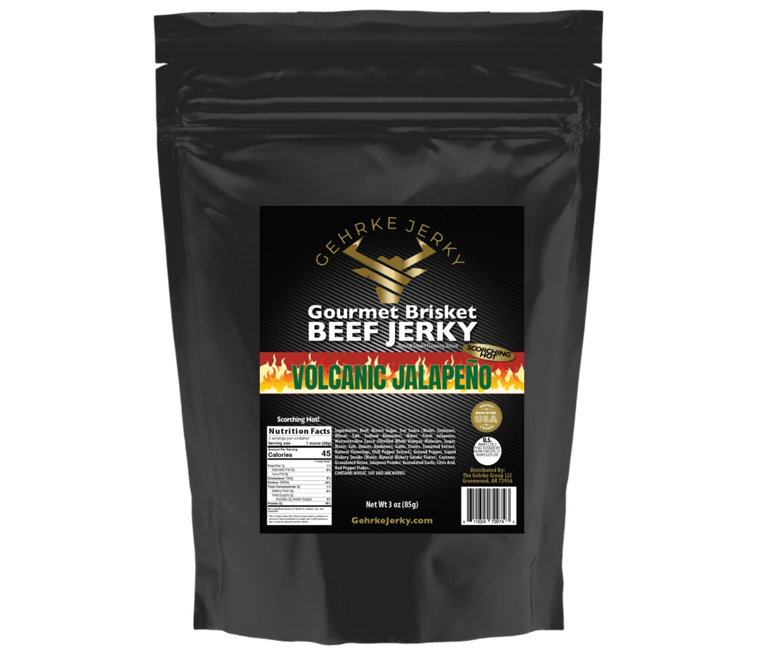 HOT VOLCANIC JALAPENO HOME-MADE STYLE TENDER GEHRKE JERKY 100% BEEF BRISKET